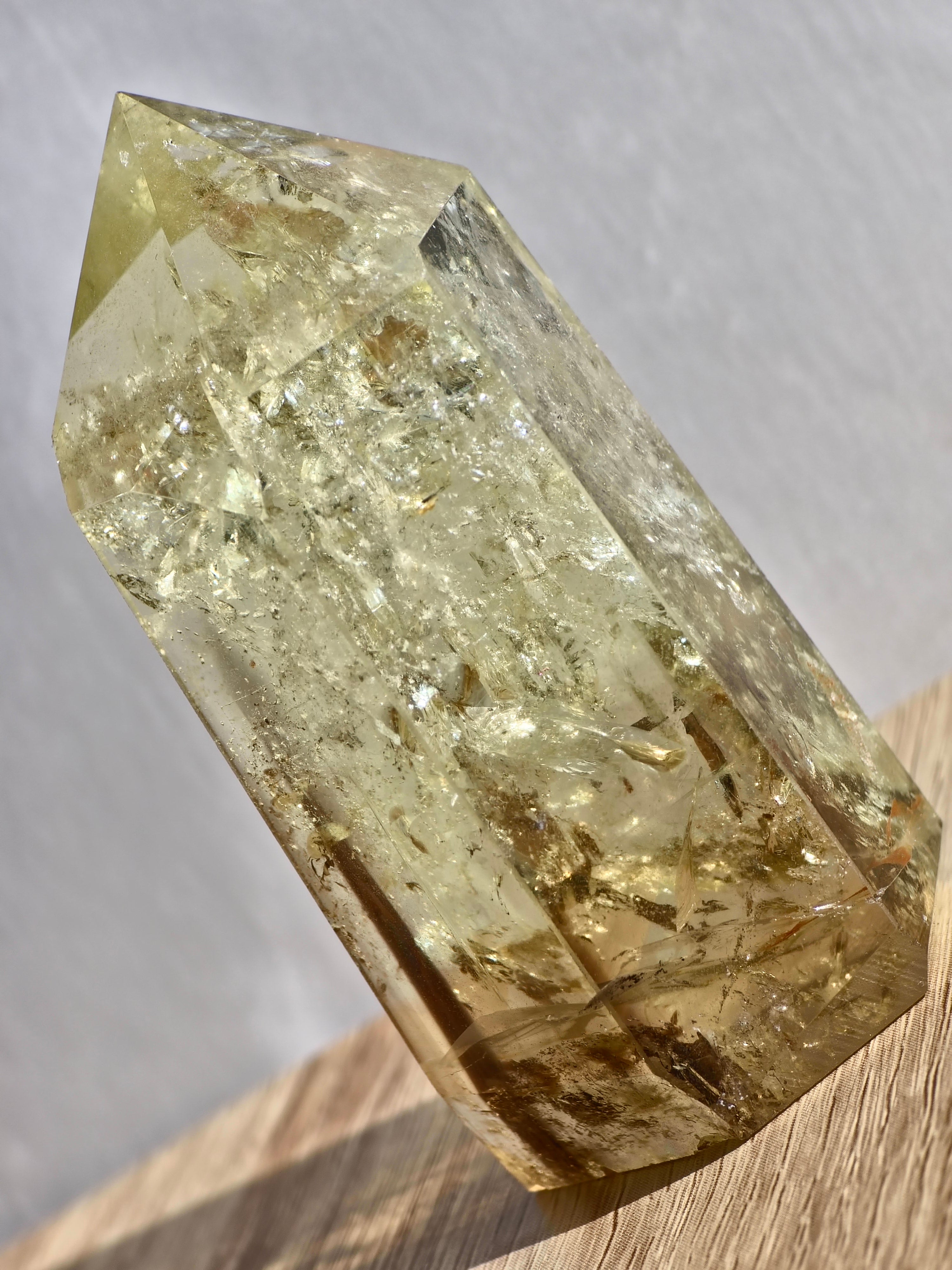 Citrine tower with phantom lines and rainbows