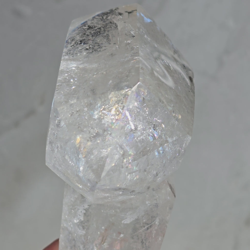 Clear Quartz Imtersecting Twin Firmation with Inclusions and Rainbow Refraction