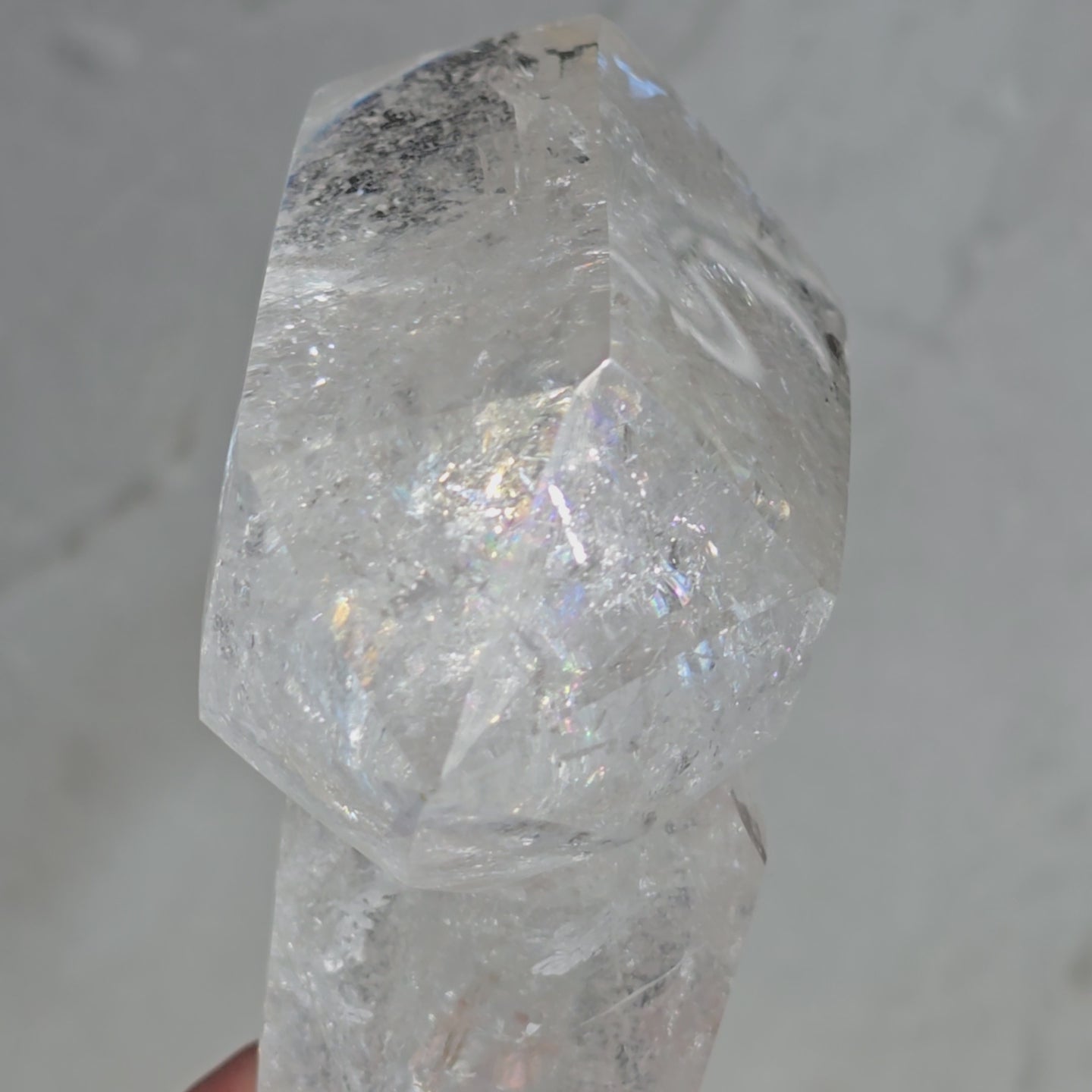Clear Quartz Imtersecting Twin Firmation with Inclusions and Rainbow Refraction