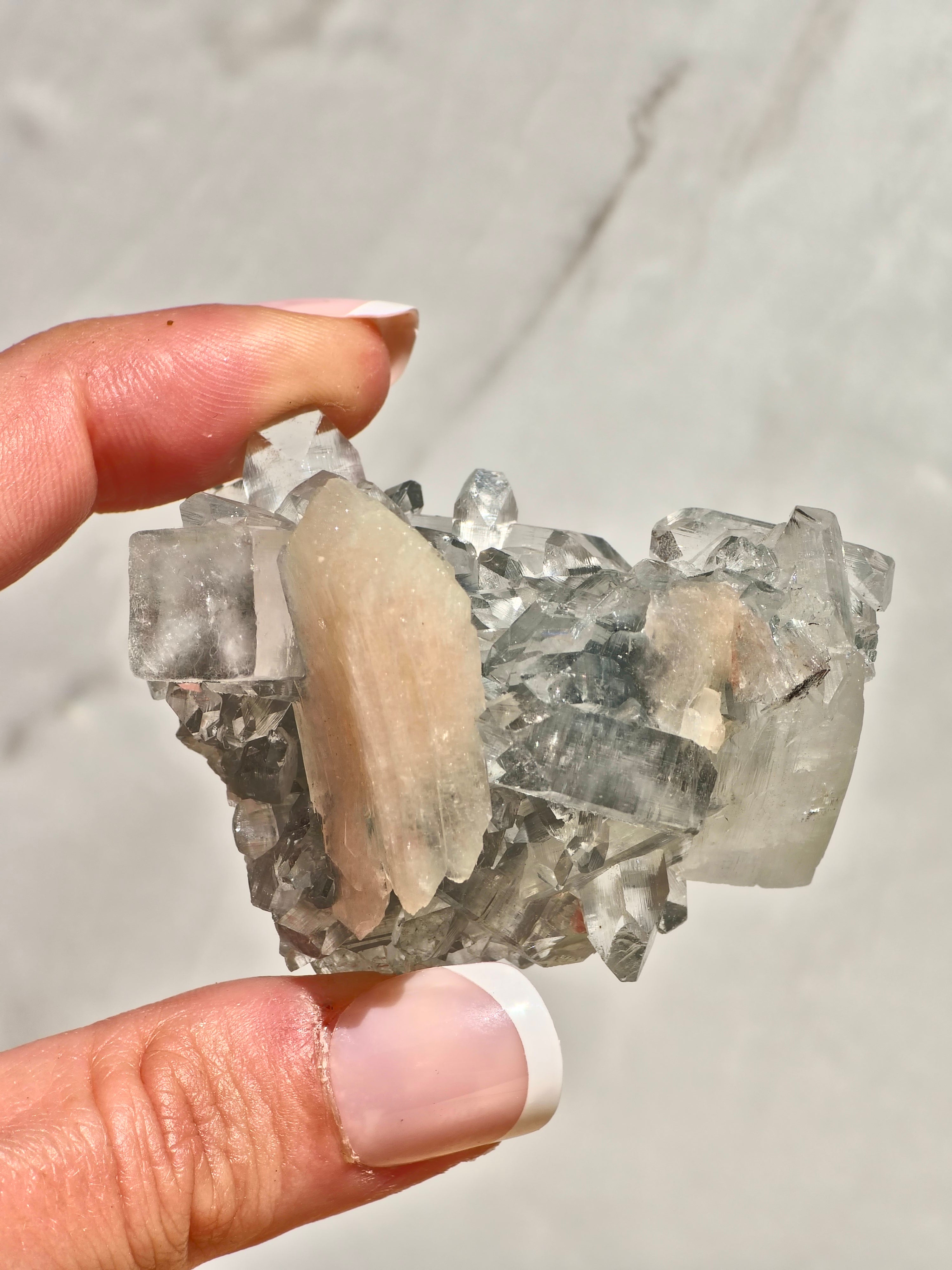 Diamond Apophyllite on Blue Chalcedony with Peach Stilbite & Calcite (AAA Grade)