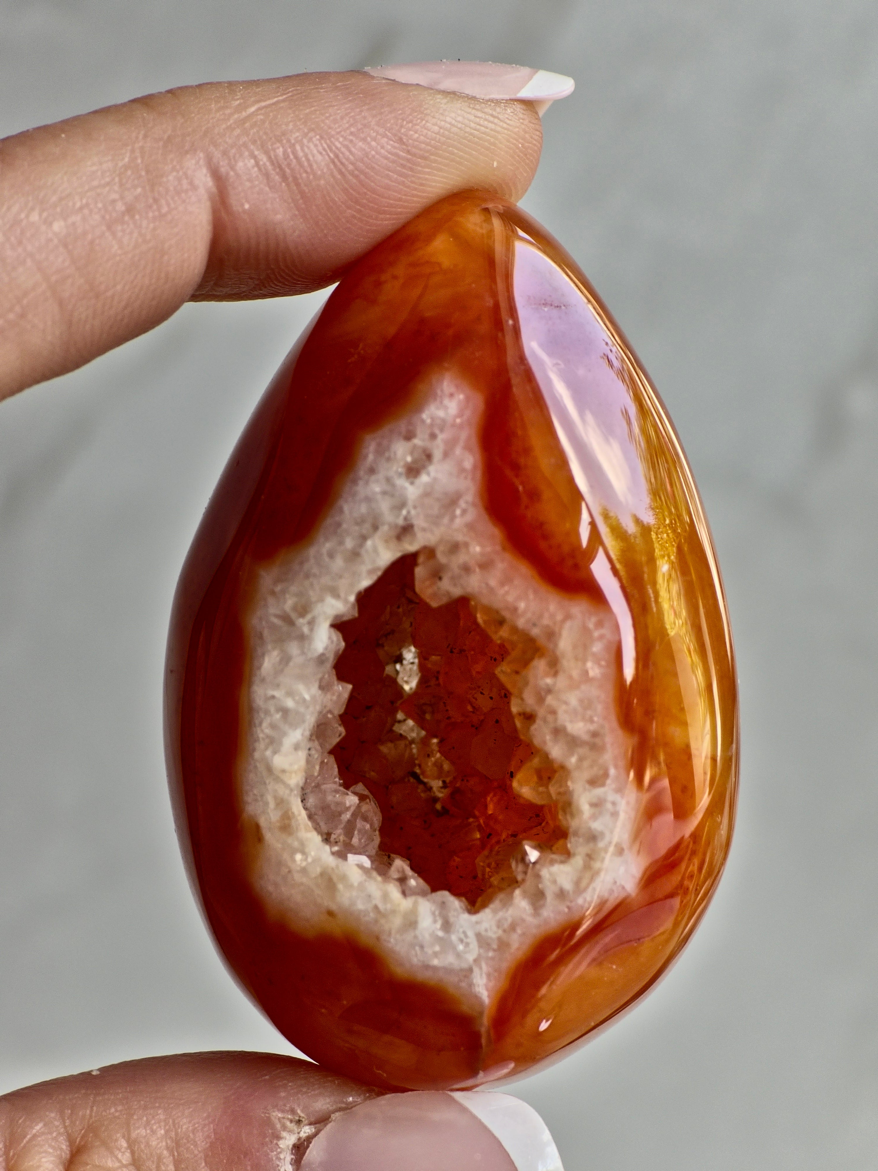 Carnelian Druzy Agate Egg — Deep Hollow with Defined Quartz Crystal Rim
