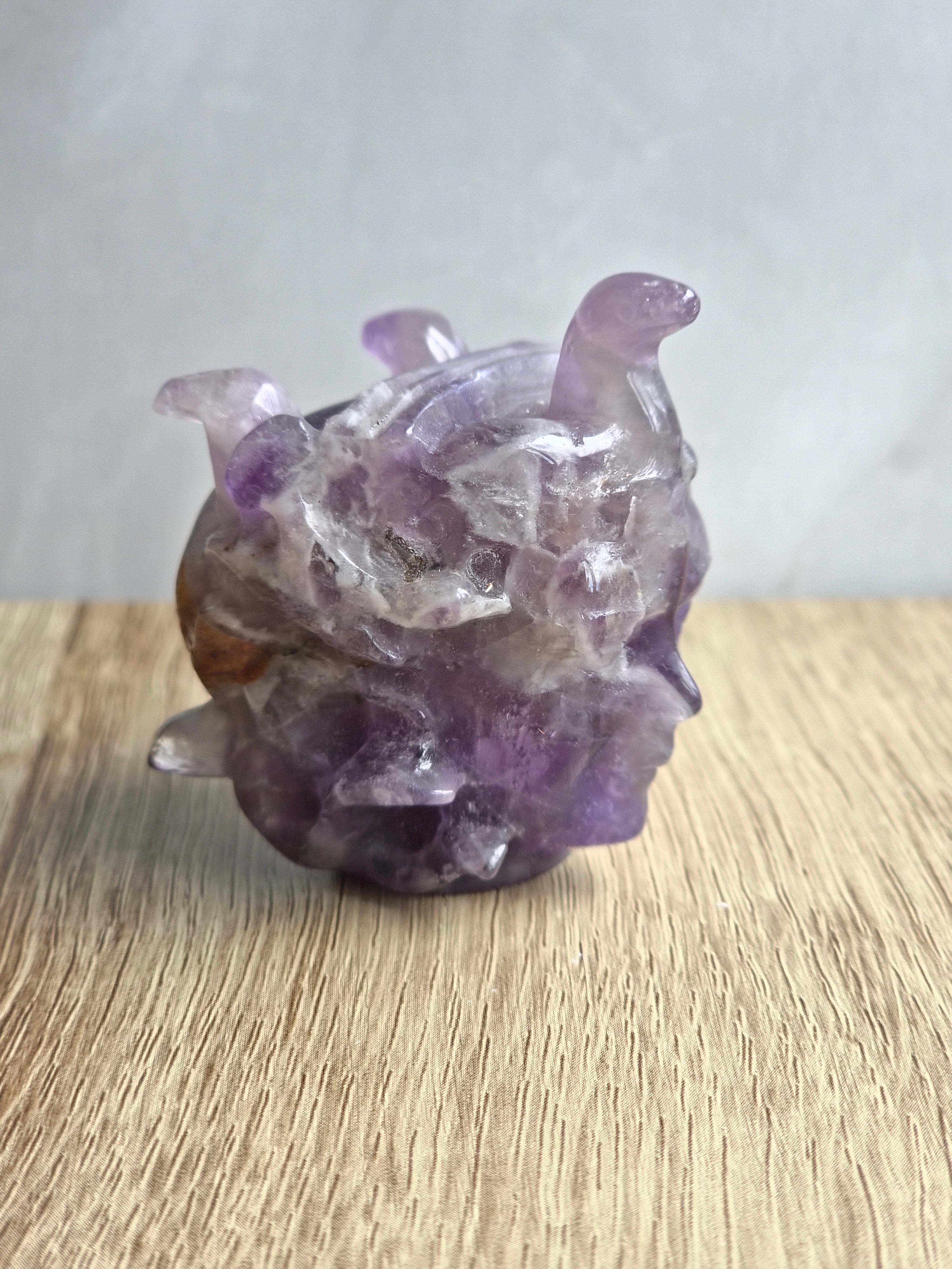 Amethyst Medusa Carving with Chevron Patterning & Natural Inclusions