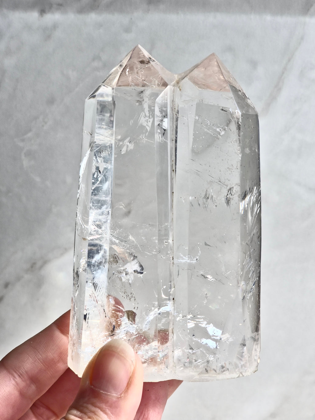 Clear Quartz Twin Tower with rainbow refractions