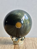 Blue Tiger’s Eye Sphere — Chatoyant Fibre Structure with Golden Core Feature