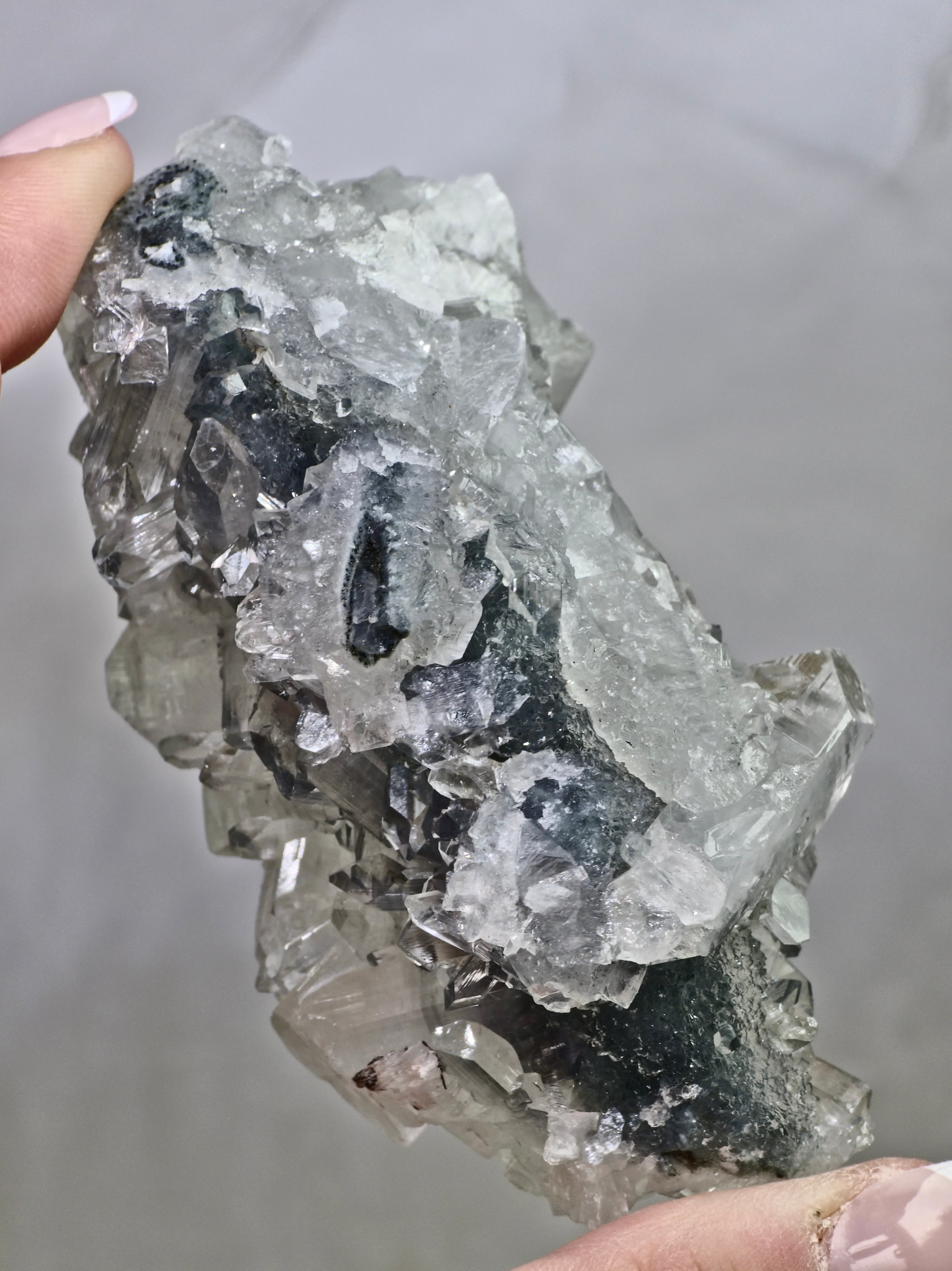 AAA Grade Diamond Apophyllite on Blue Chalcedony with Heulandite & Calcite
