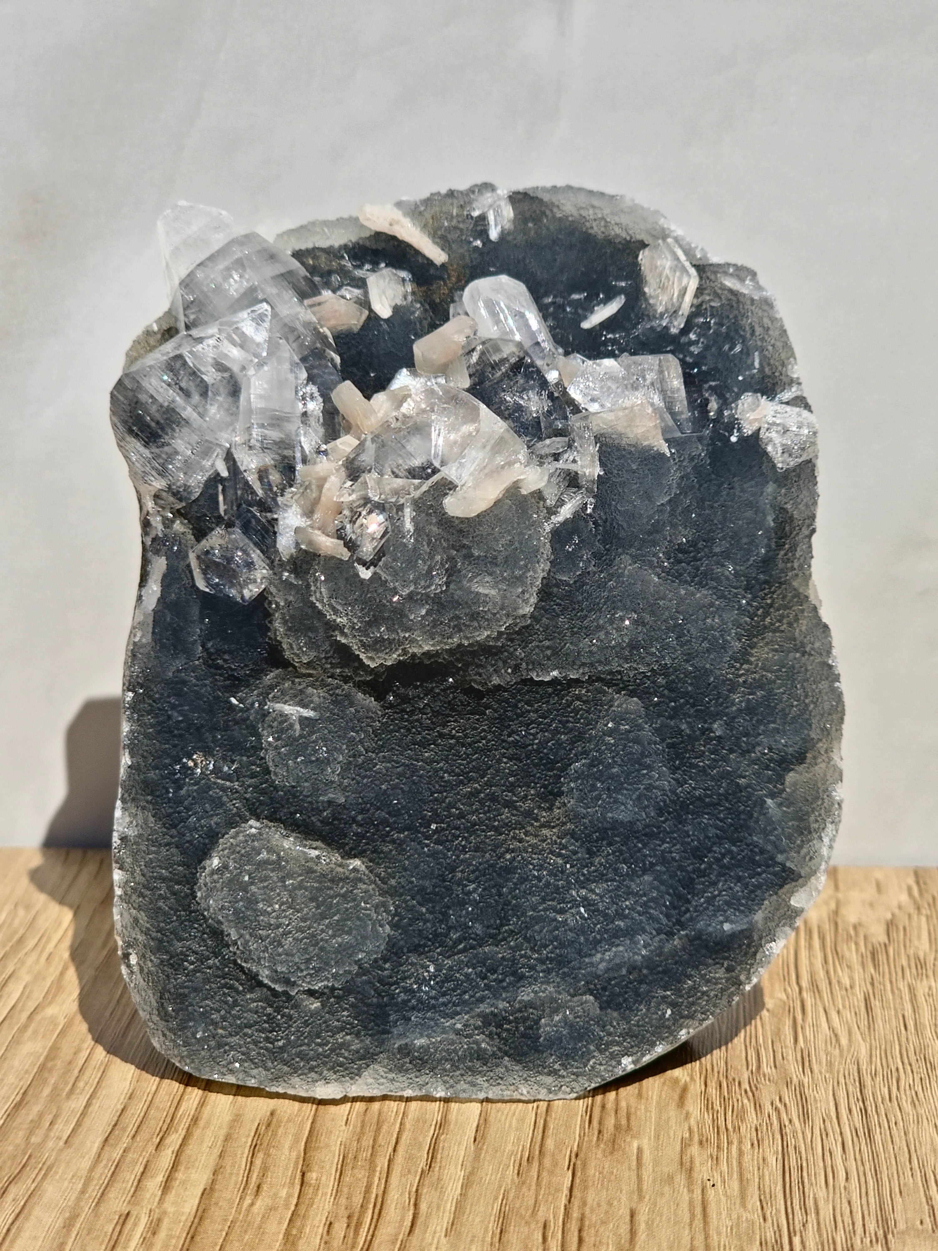 AAA Diamond Apophyllite on Blue Chalcedony with Peach Stilbite