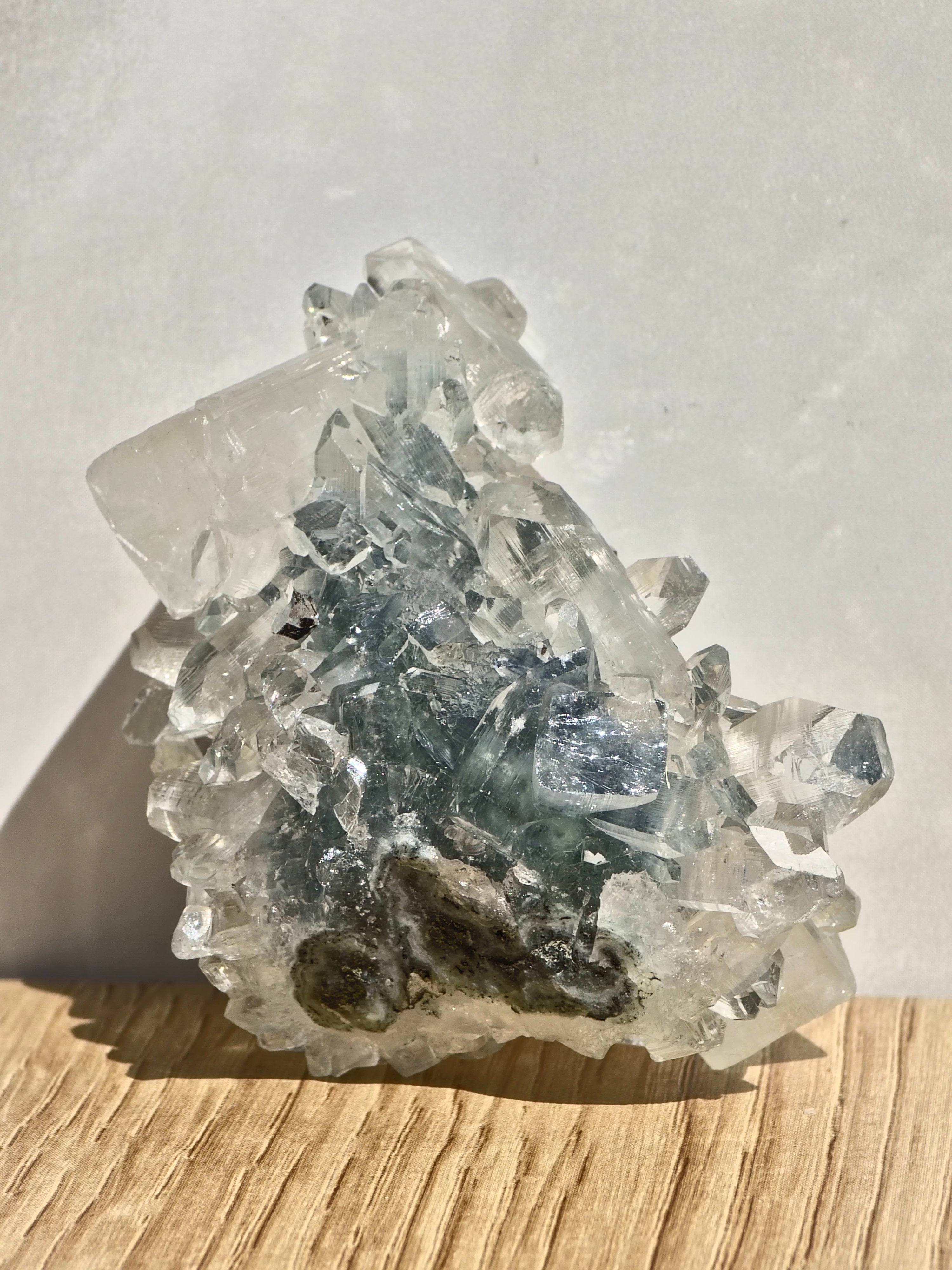Diamond Apophyllite on Blue Chalcedony with Peach Stilbite & Calcite (AAA Grade)