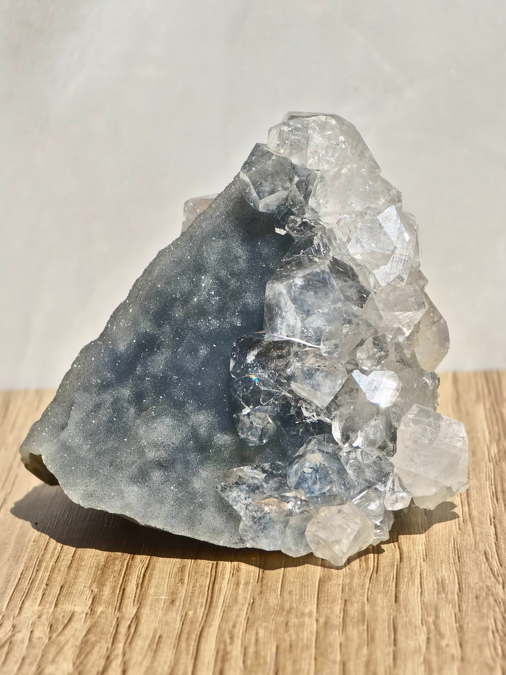 Diamond Apophyllite Cluster on Blue Chalcedony Druzy Matrix