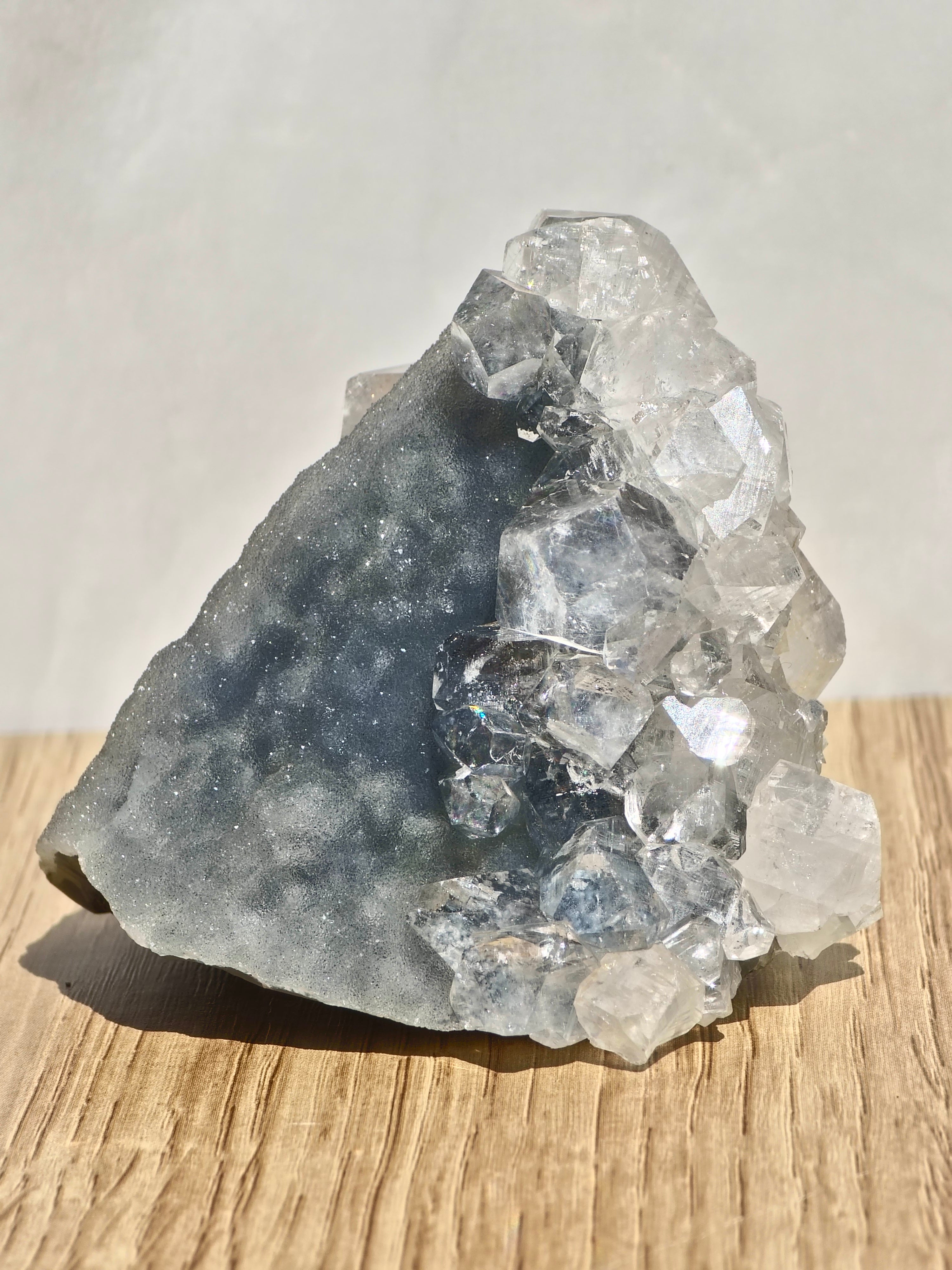 Diamond Apophyllite Cluster on Blue Chalcedony Druzy Matrix