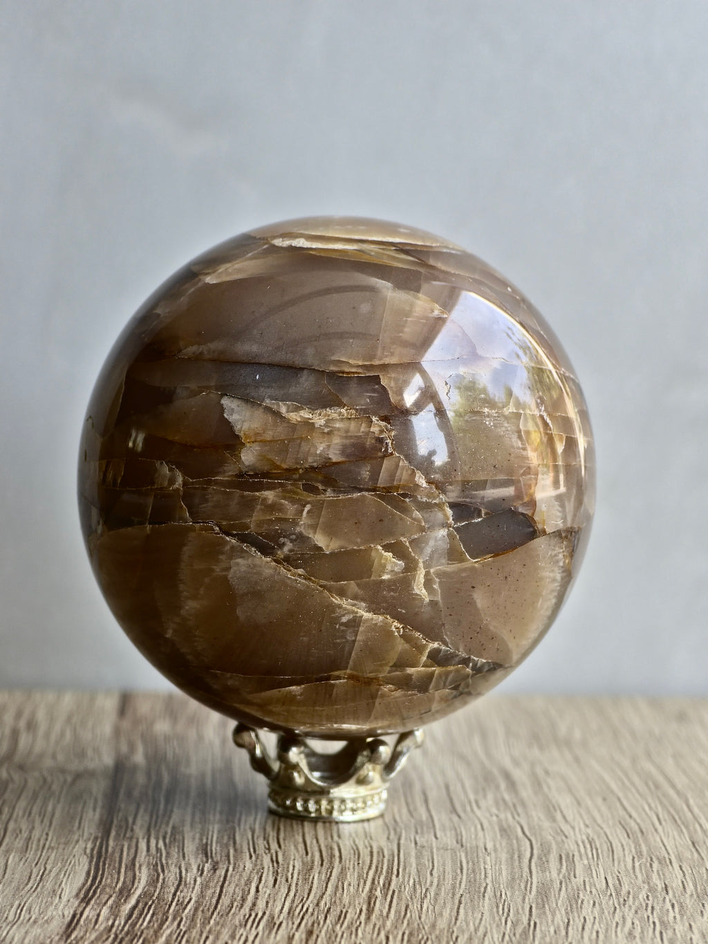 Peach Moonstone Sphere - Layered Feldspar with Internal Sheen + Fracture Patterning