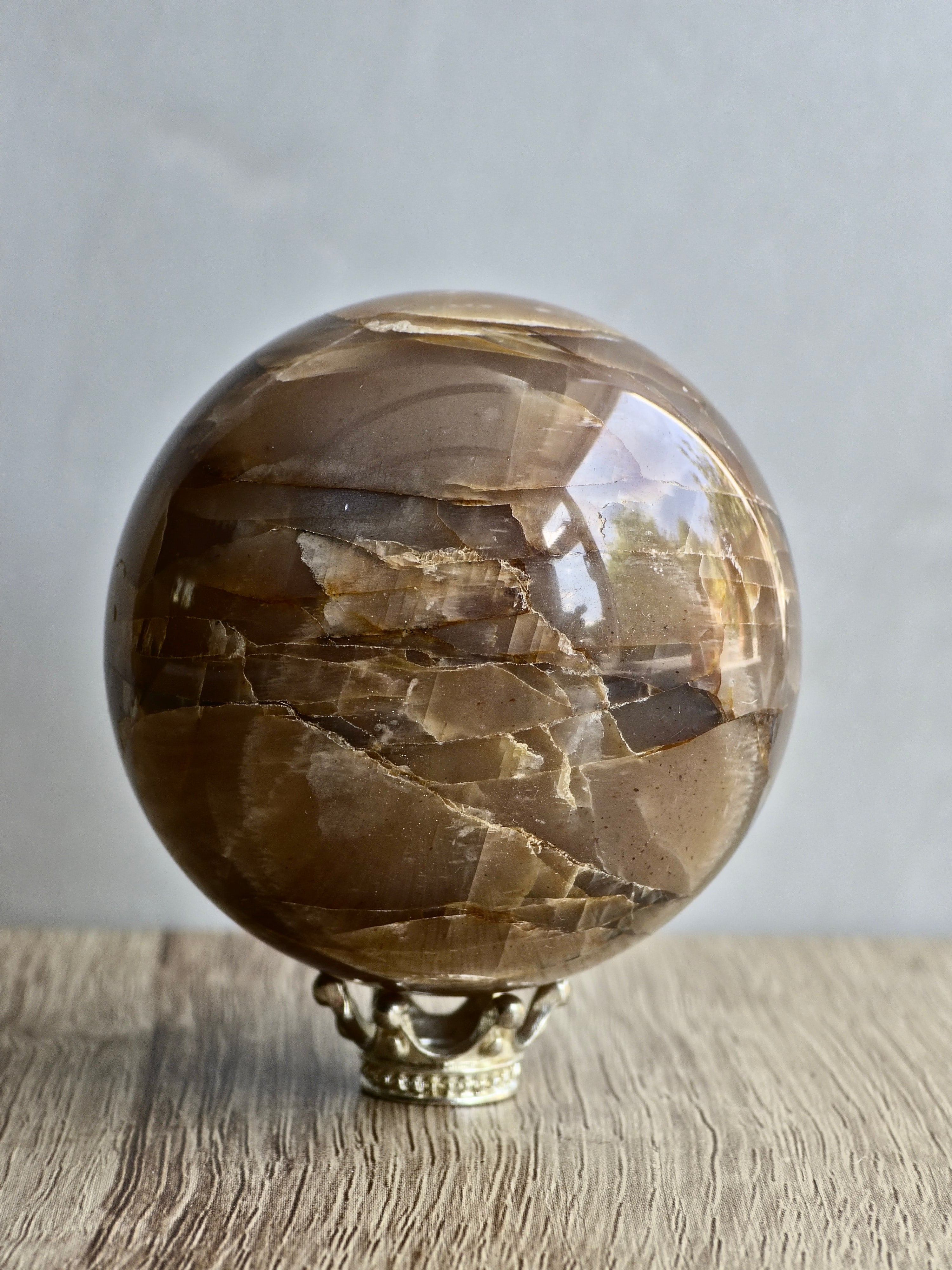 Peach Moonstone Sphere - Layered Feldspar with Internal Sheen + Fracture Patterning