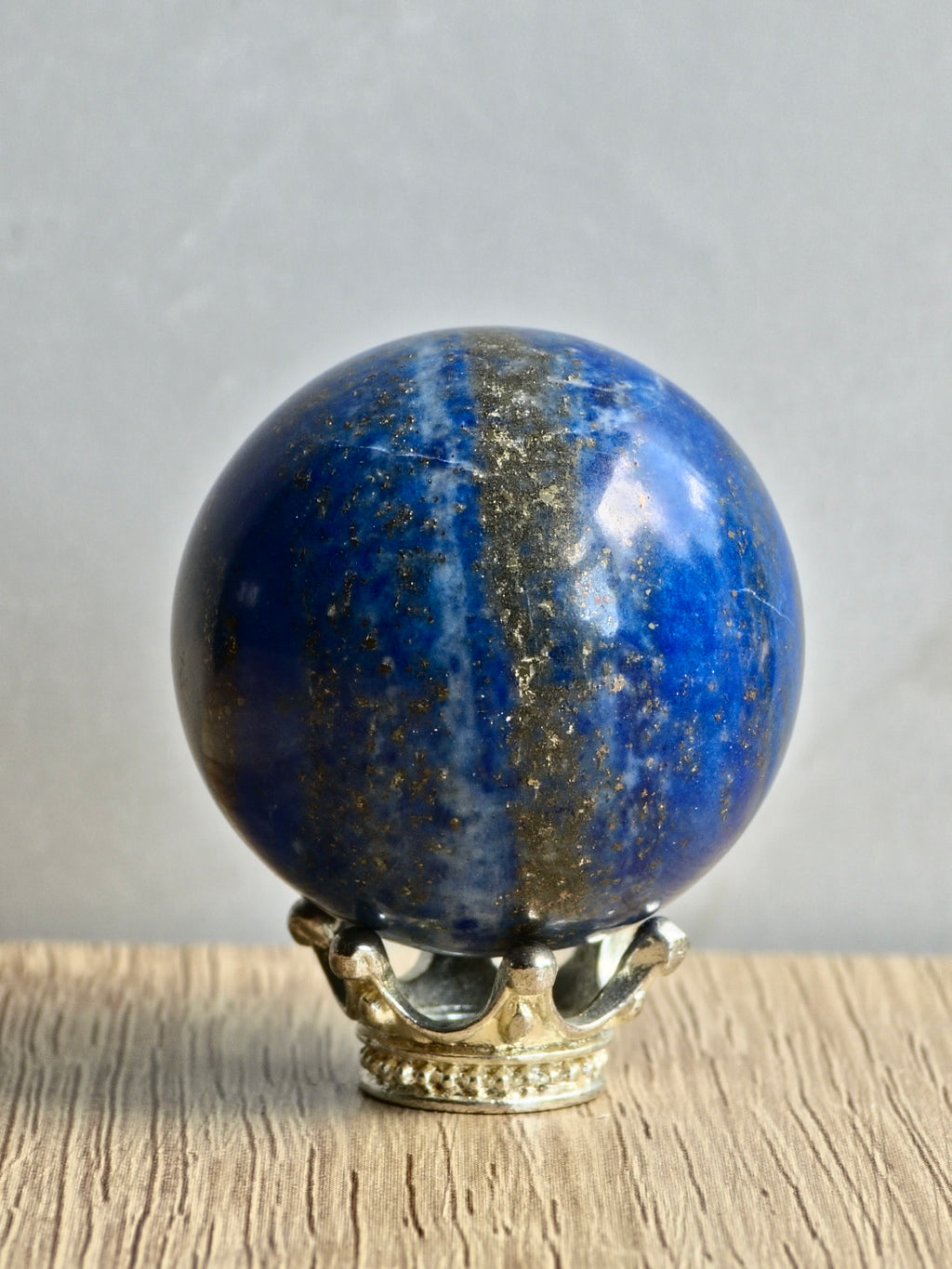 Lapis Lazuli Sphere — Deep Blue with Calcite Core + Pyrite Inclusions
