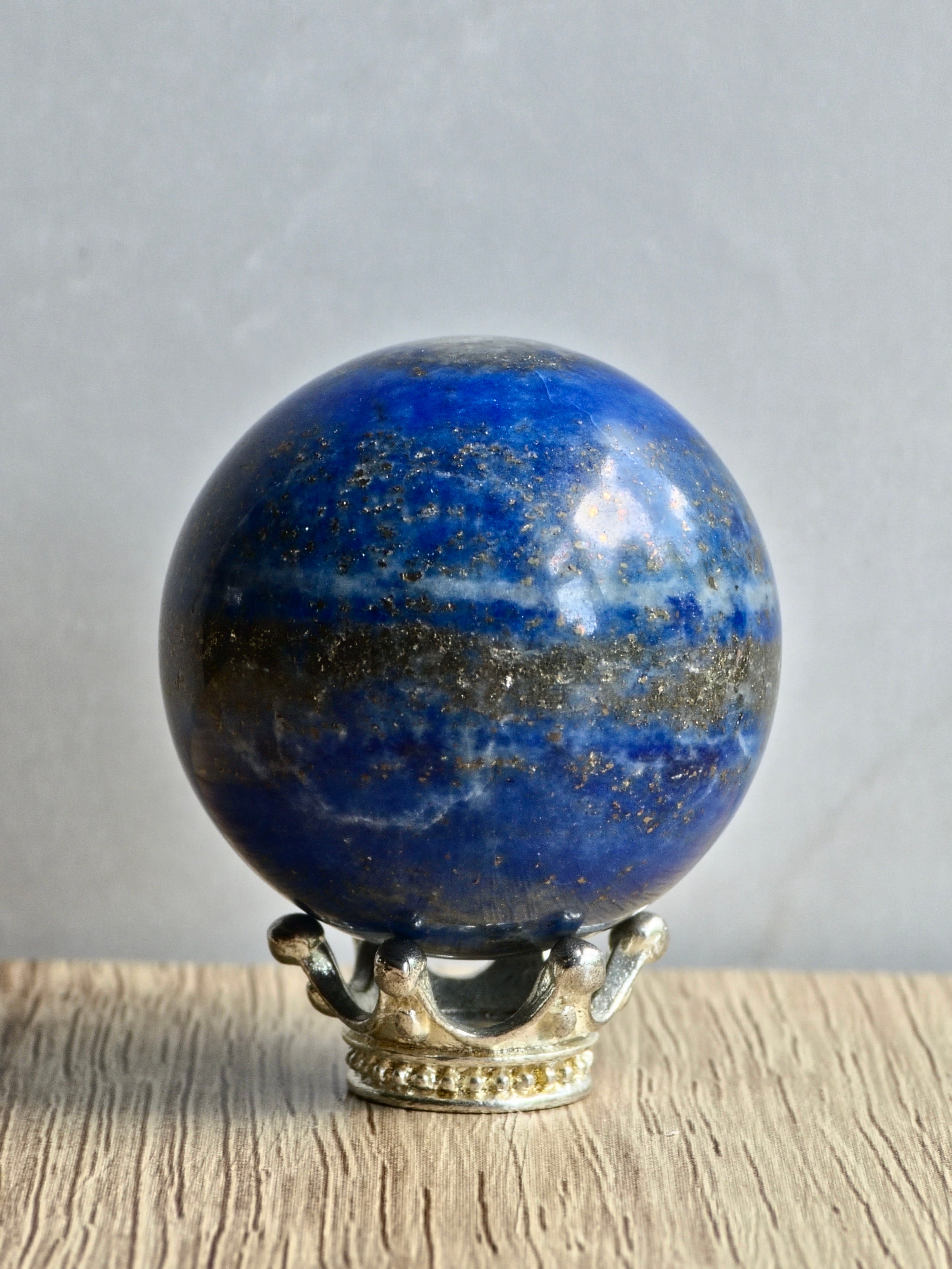 Lapis Lazuli Sphere — Deep Blue with Calcite Core + Pyrite Inclusions