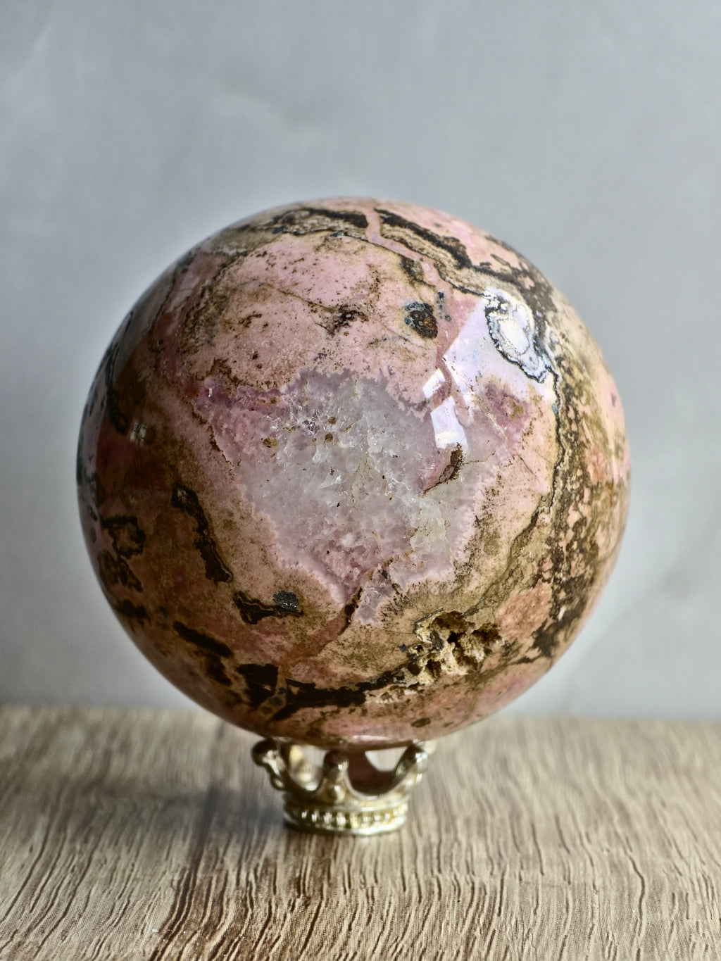 Peruvian Rhodonite Sphere — Pink Manganese Silicate with Quartz Pocket + Manganese Oxide Veining