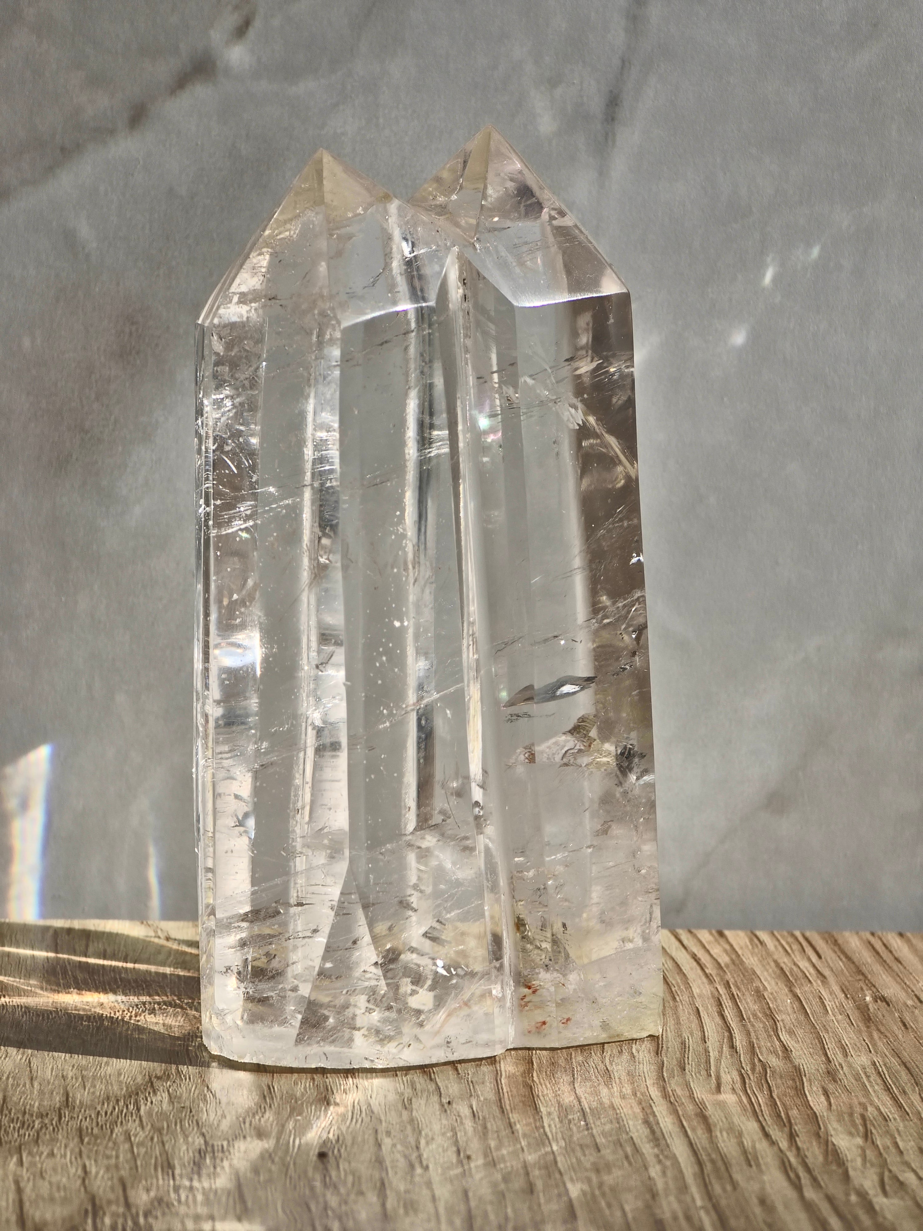 Clear Quartz Twin Tower with rainbow refractions