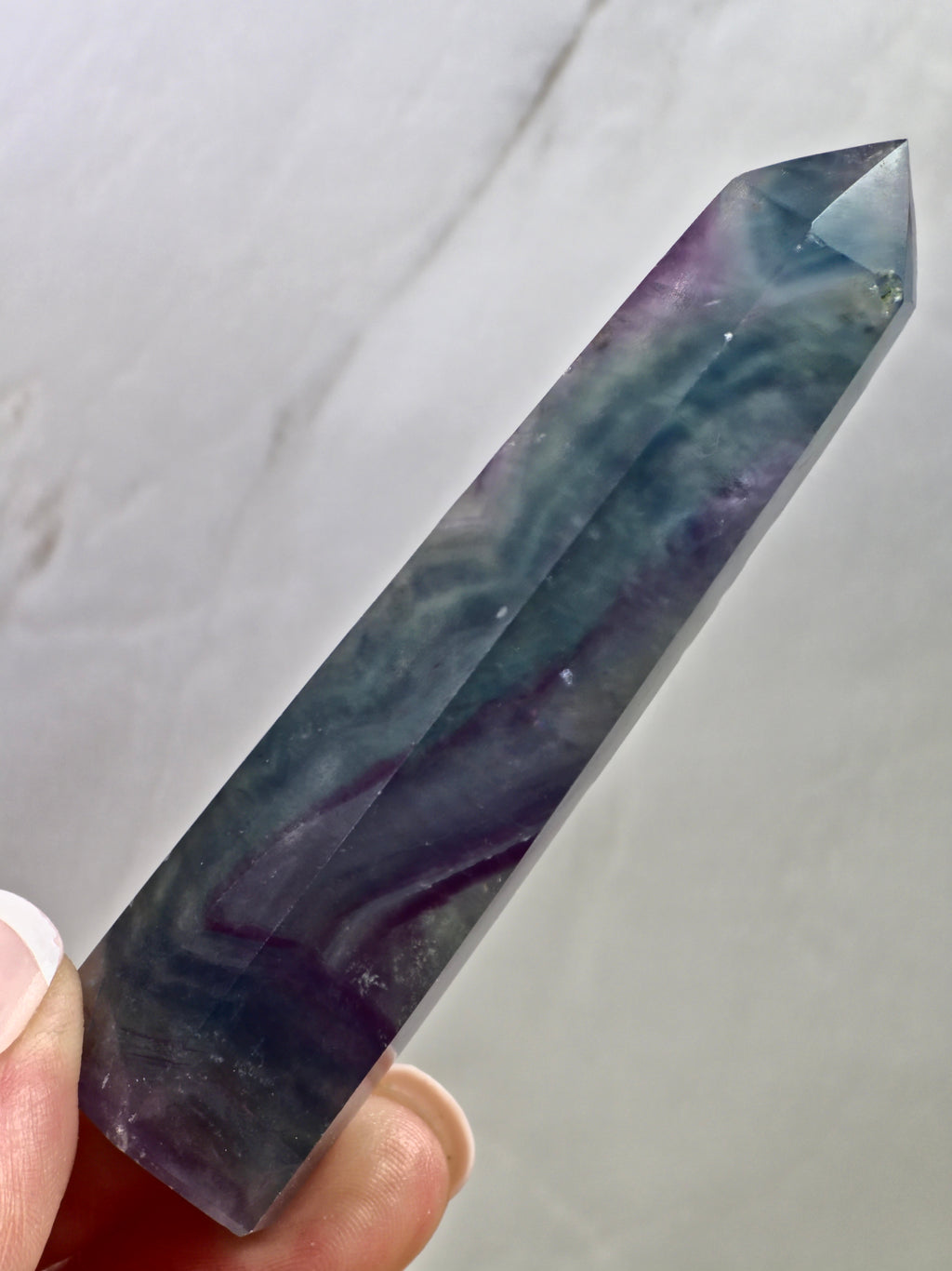 Banded Fluorite Tower — Purple & Blue Zoning with Layered Growth Structure