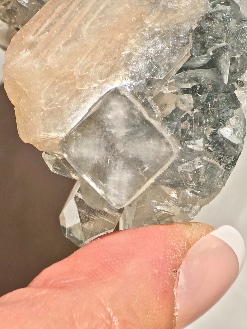 Diamond Apophyllite on Blue Chalcedony with Peach Stilbite & Calcite (AAA Grade)