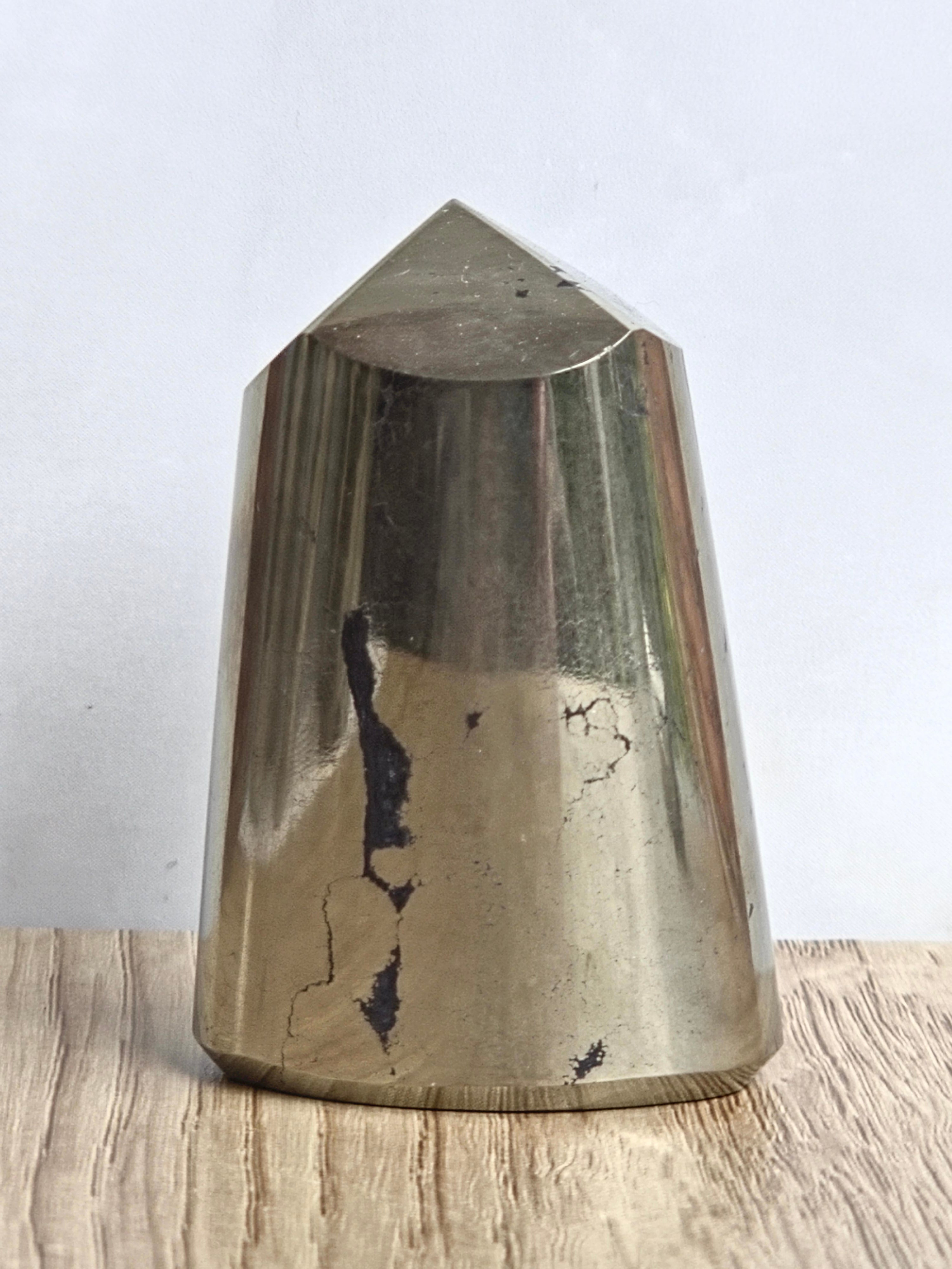 Pyrite Polished Cylinder Tower with Black Tourmaline Inclusion