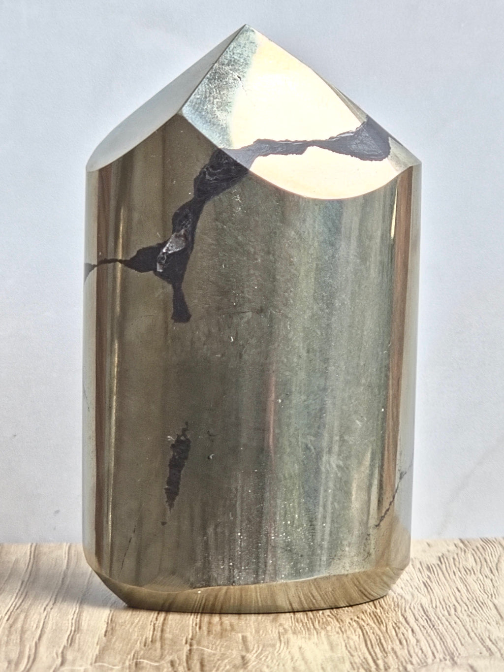 Pyrite Polished Cylinder Tower with Black Tourmaline Inclusion