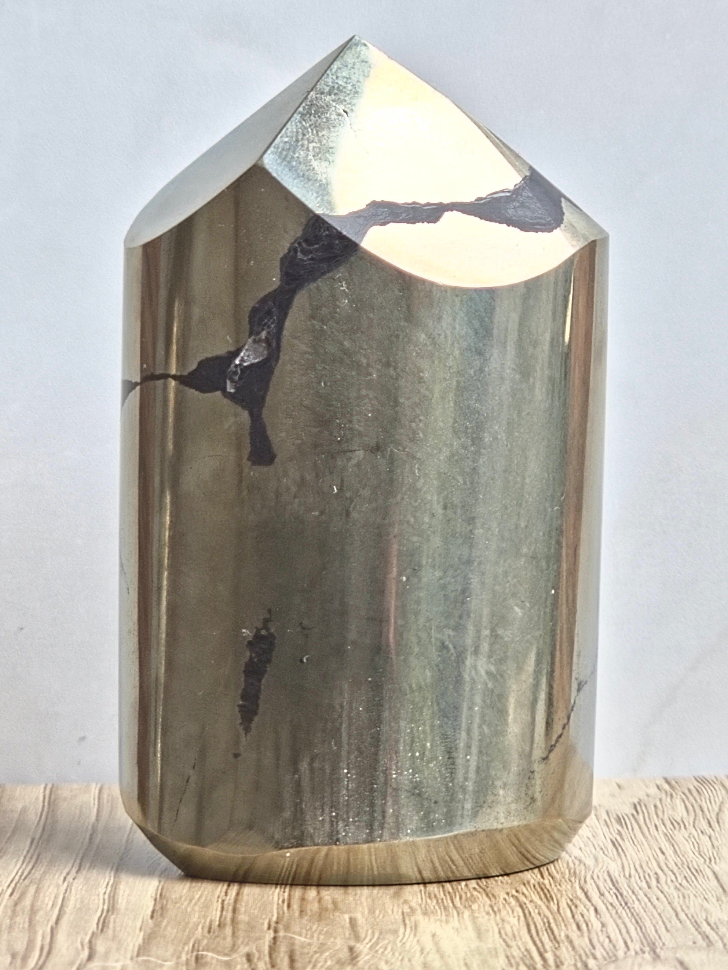 Pyrite Polished Cylinder Tower with Black Tourmaline Inclusion