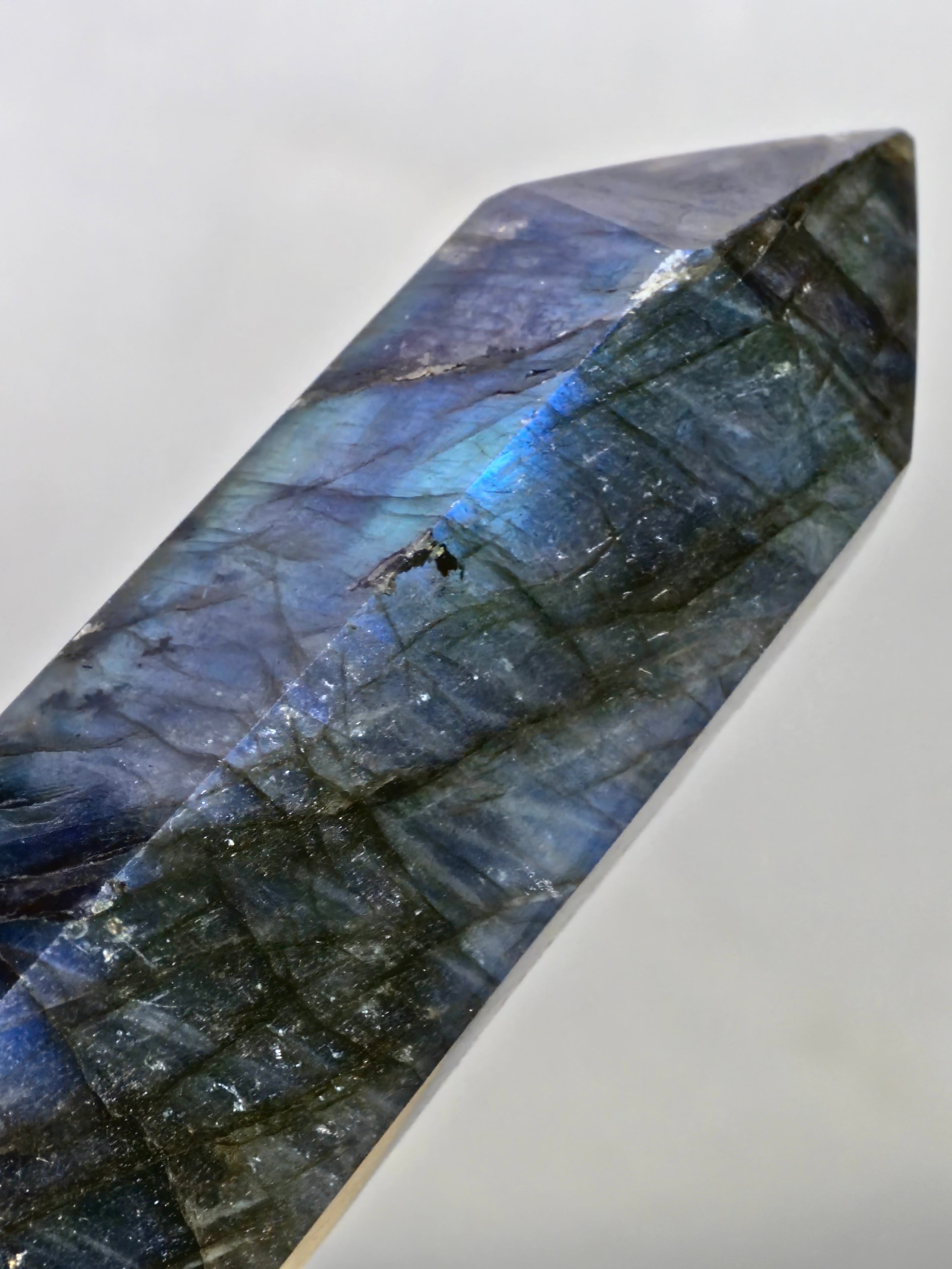 Labradorite Tower — Blue Flash with Internal Fracture Patterns
