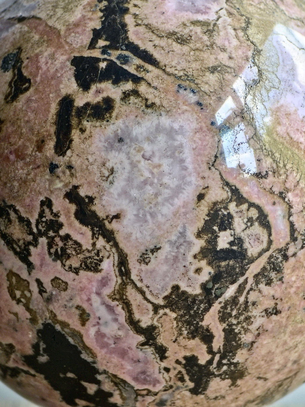 Peruvian Rhodonite Sphere — Pink Manganese Silicate with Quartz Pocket + Manganese Oxide Veining