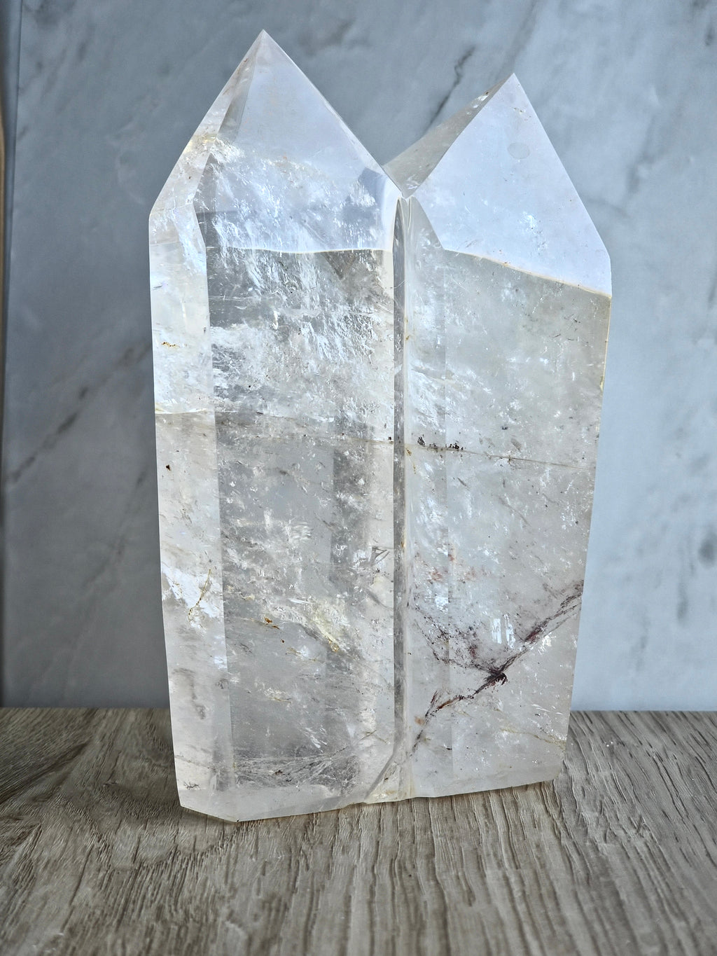 Quartz Twin Tower with Internal Inclusions and Rainbow Refraction.