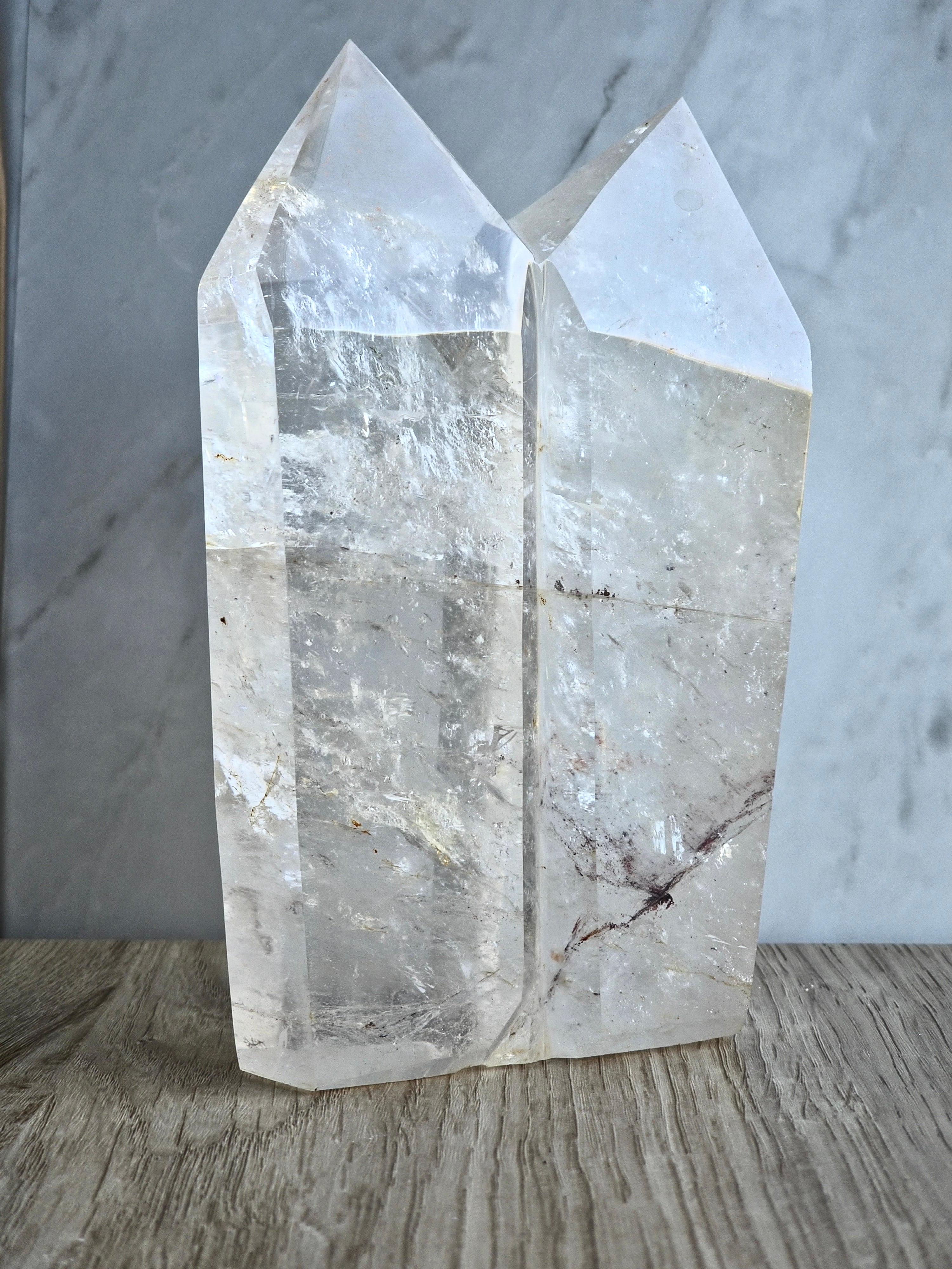 Quartz Twin Tower with Internal Inclusions and Rainbow Refraction.