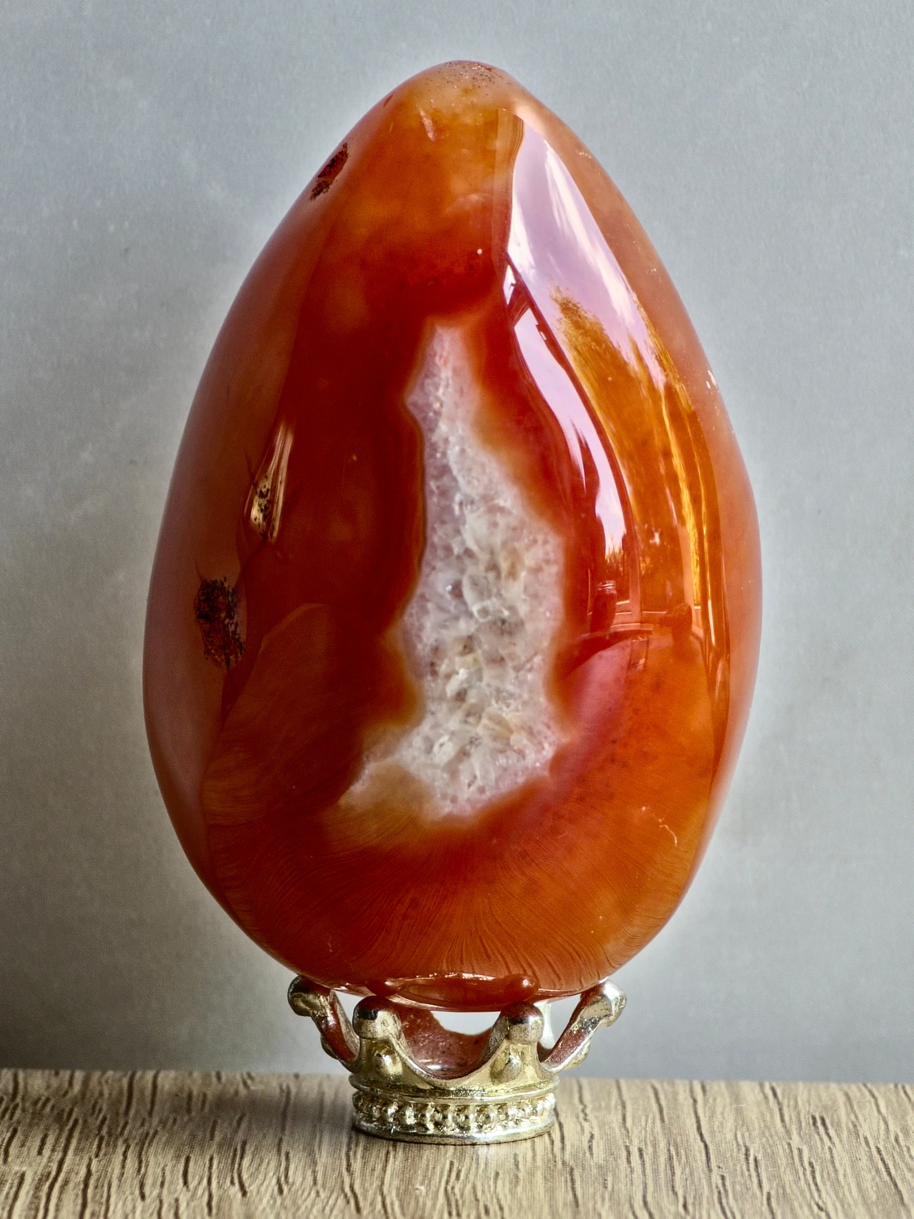 Carnelian Druzy Agate Egg — Deep Hollow with Defined Quartz Crystal Rim