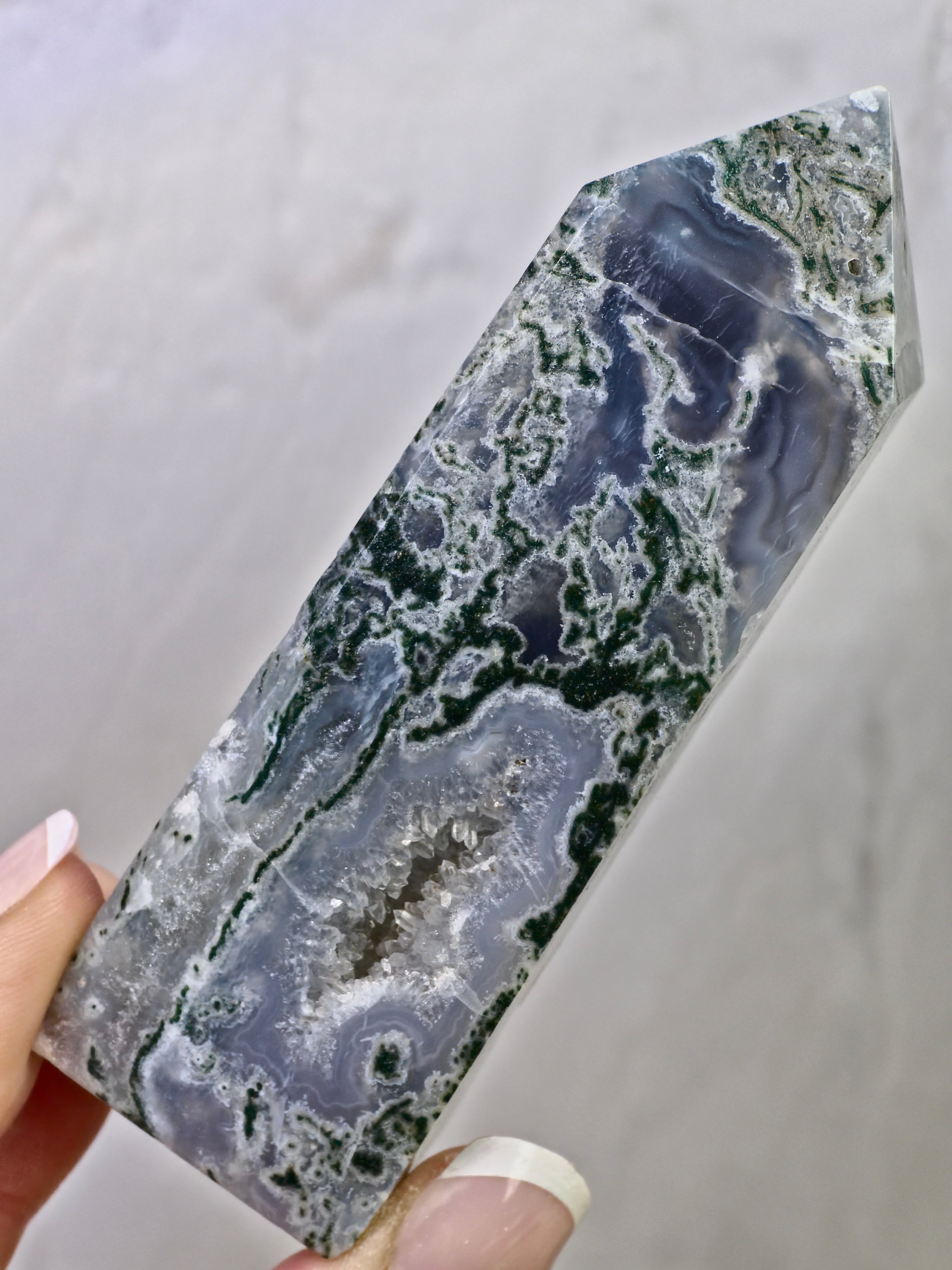 Moss Agate Druzy Tower — Quartz with Natural Inclusions + Open Crystal Pocket