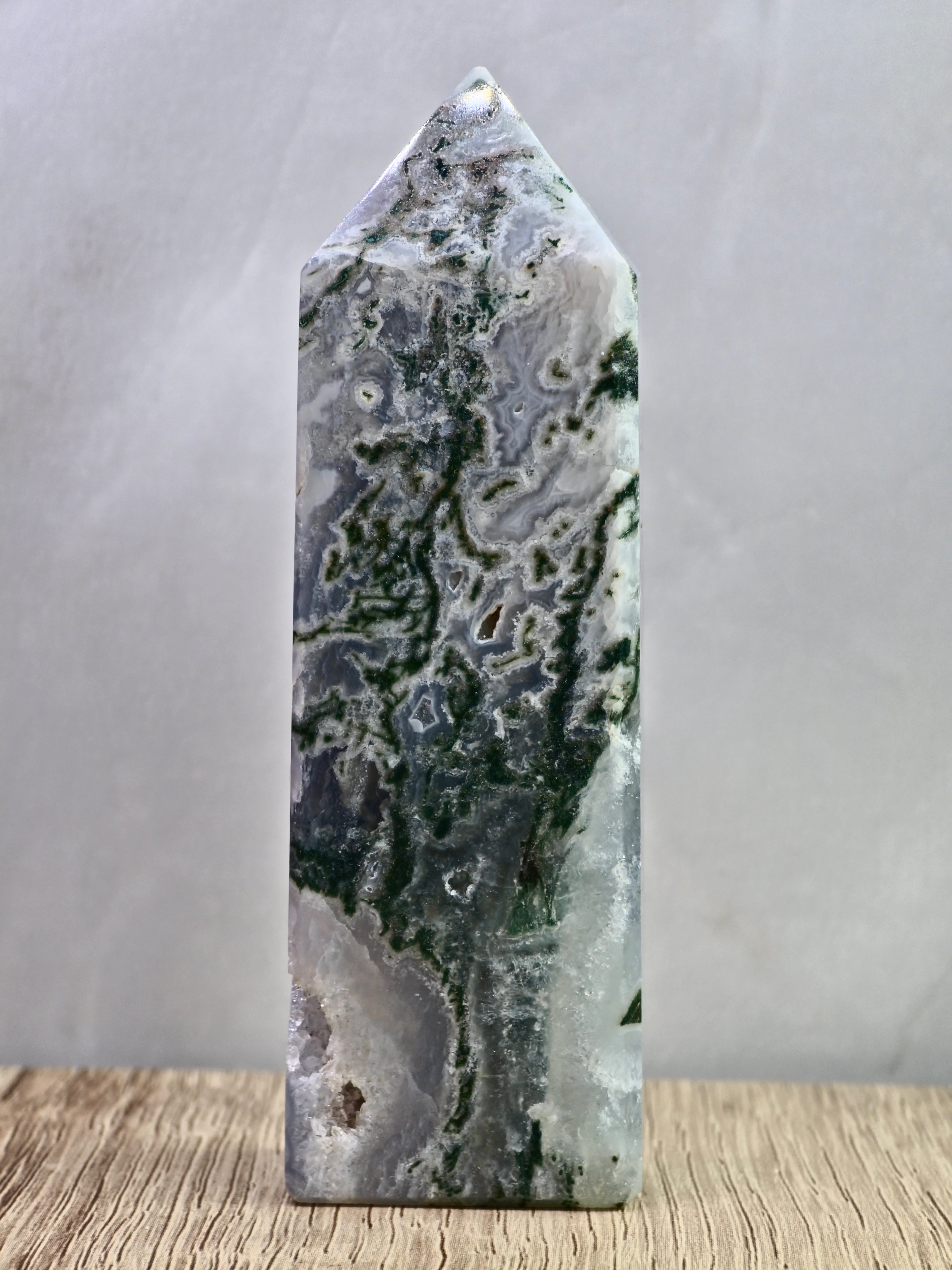 Moss Agate Druzy Tower — Quartz with Natural Inclusions + Open Crystal Pocket