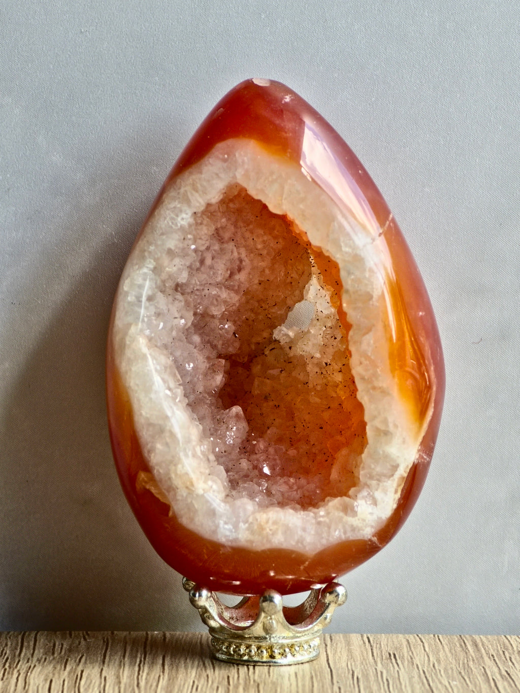 Carnelian Druzy Agate Egg — Hollow Formation with Quartz Crystal Interior