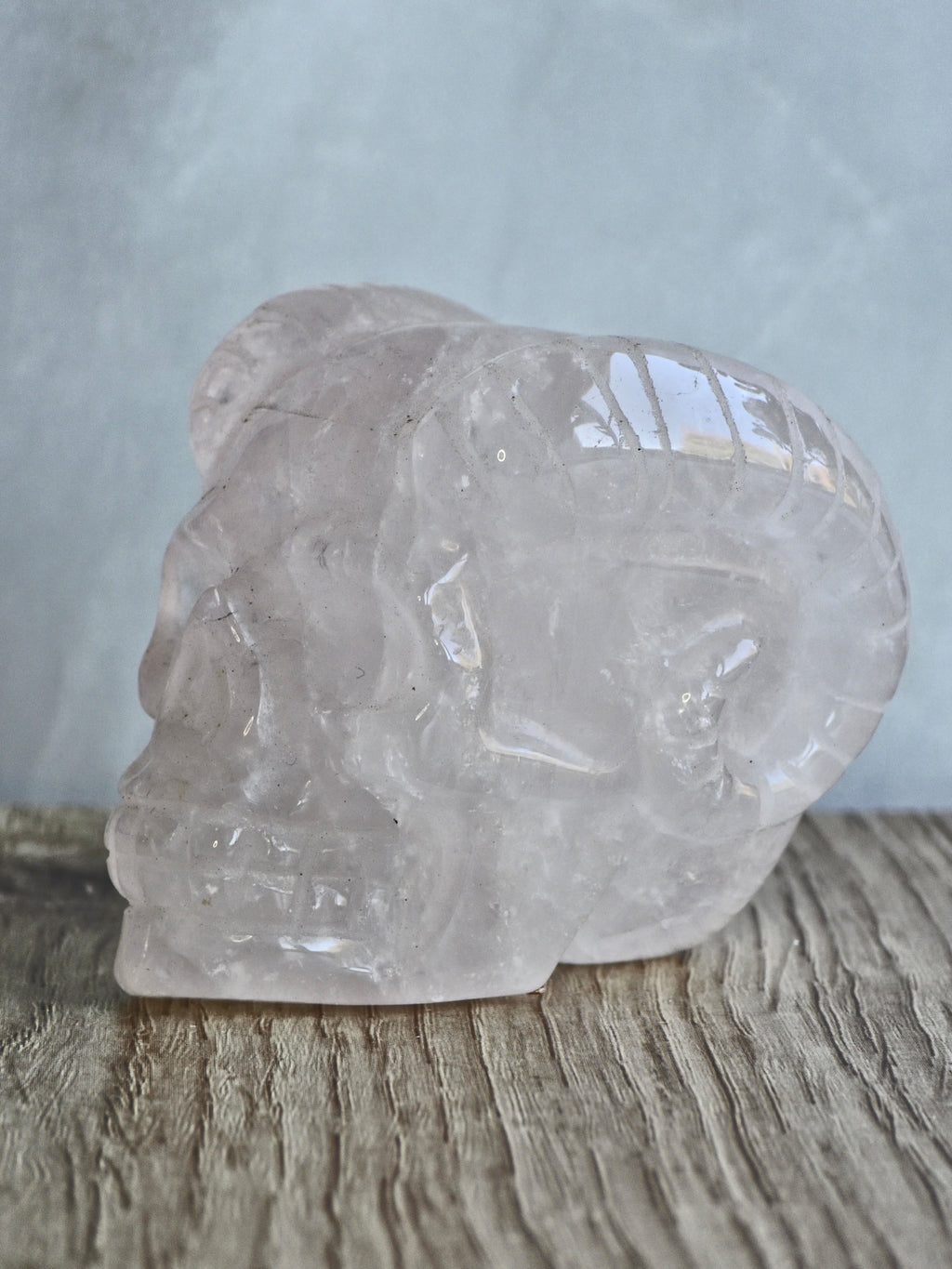 Rose quartz skull with ram horns