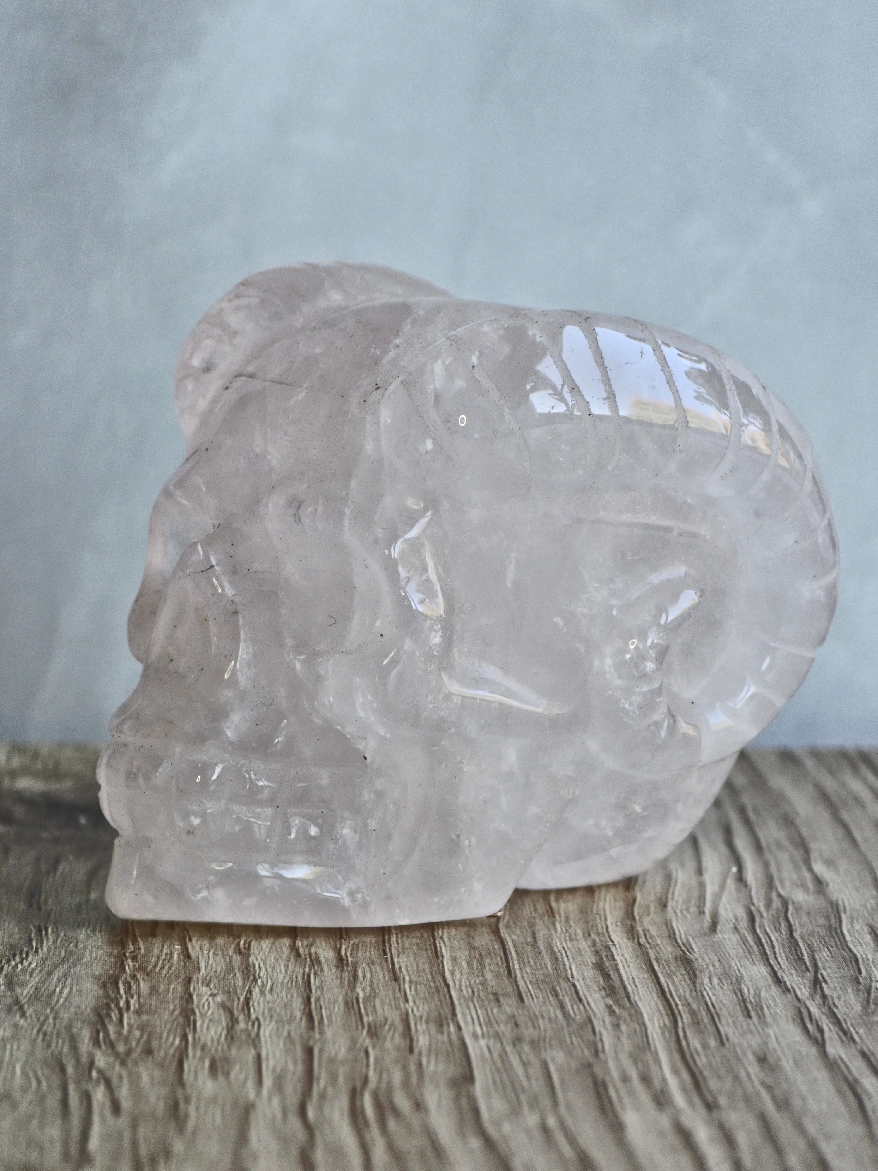 Rose quartz skull with ram horns