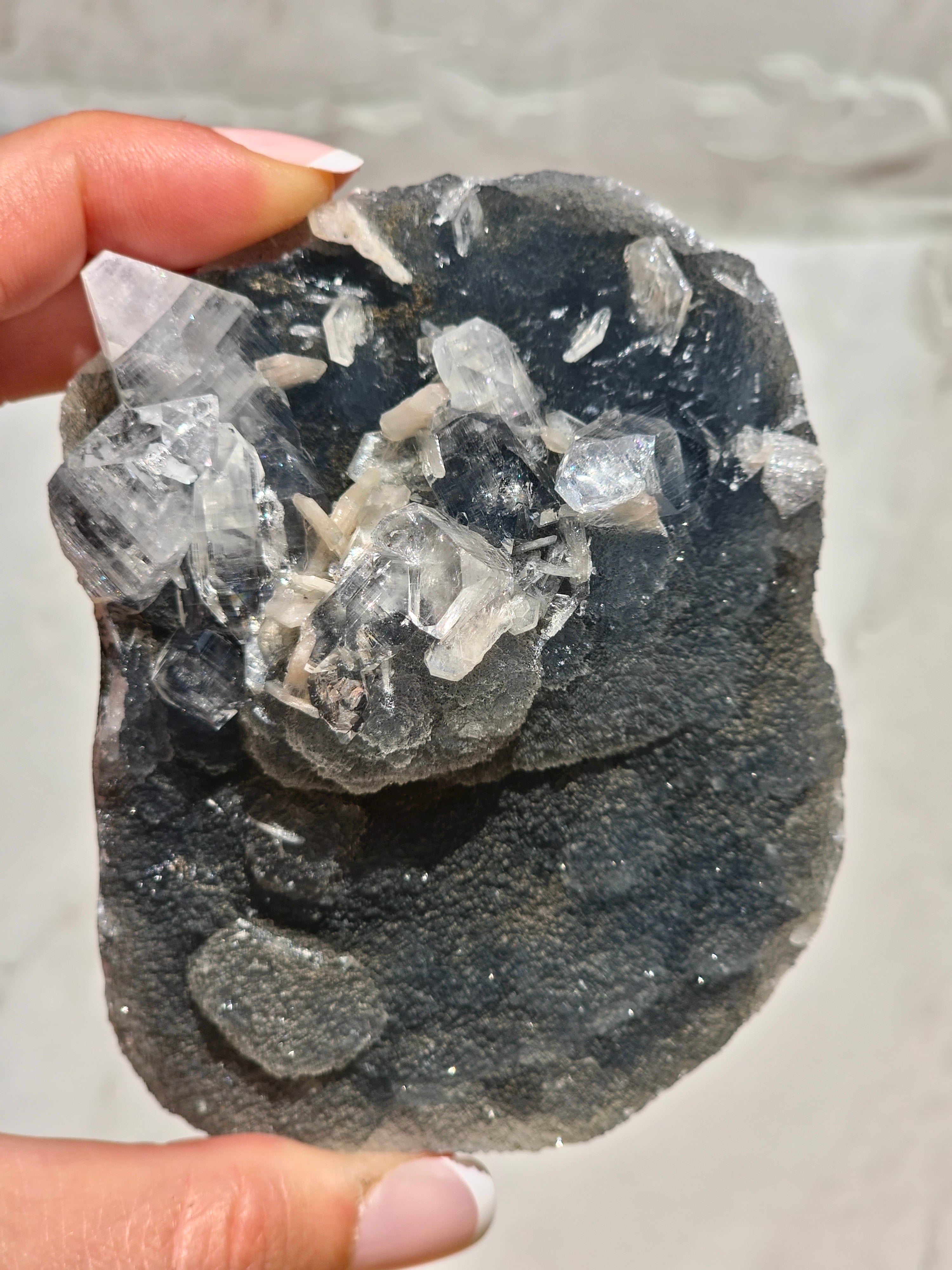 AAA Diamond Apophyllite on Blue Chalcedony with Peach Stilbite
