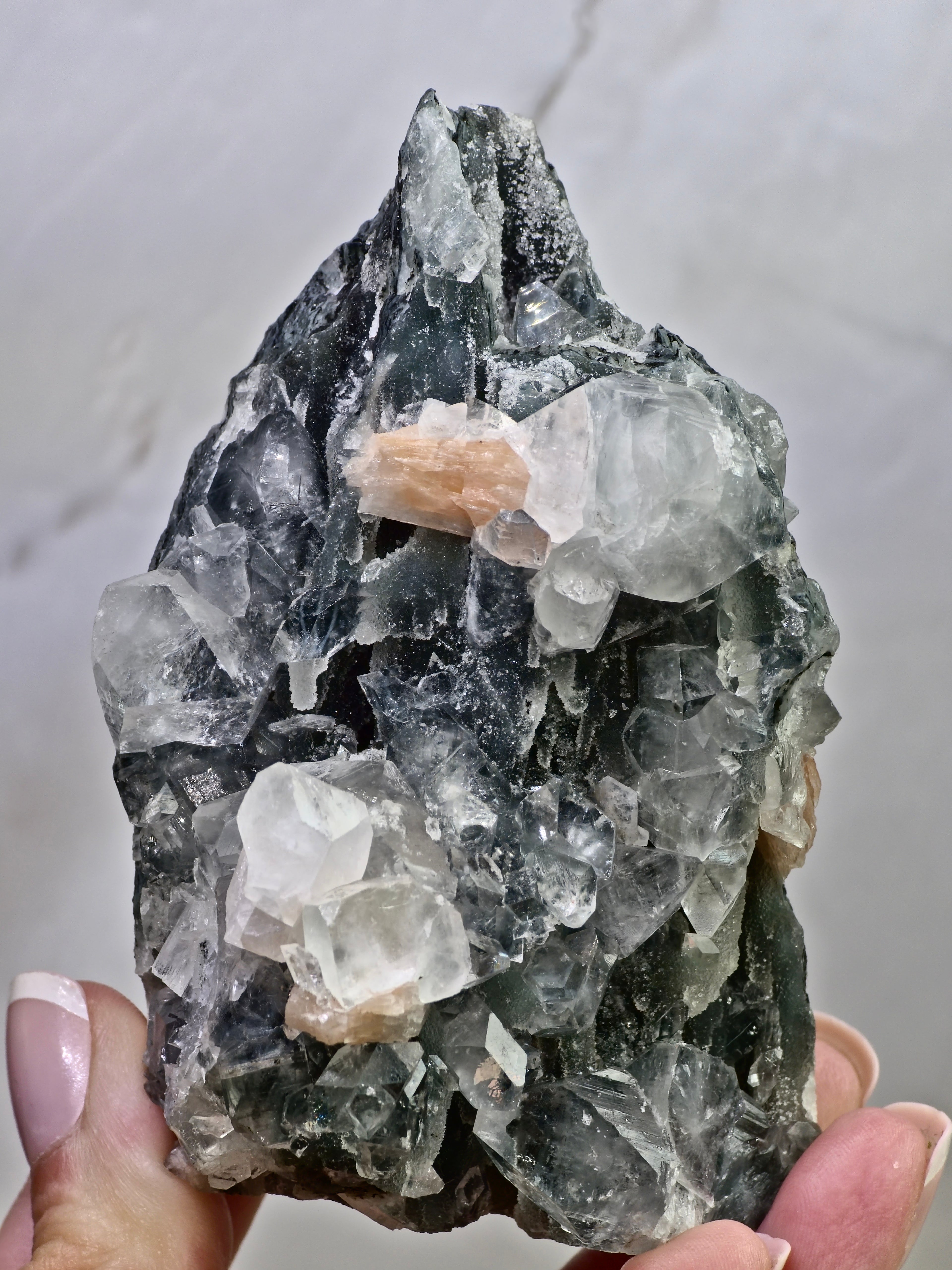 AAA Apophyllite on Blue Chalcedony with Stilbite Cluster