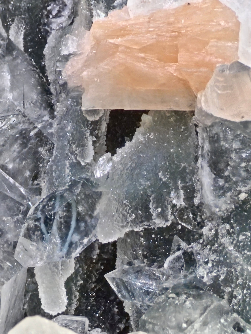 AAA Apophyllite on Blue Chalcedony with Stilbite Cluster