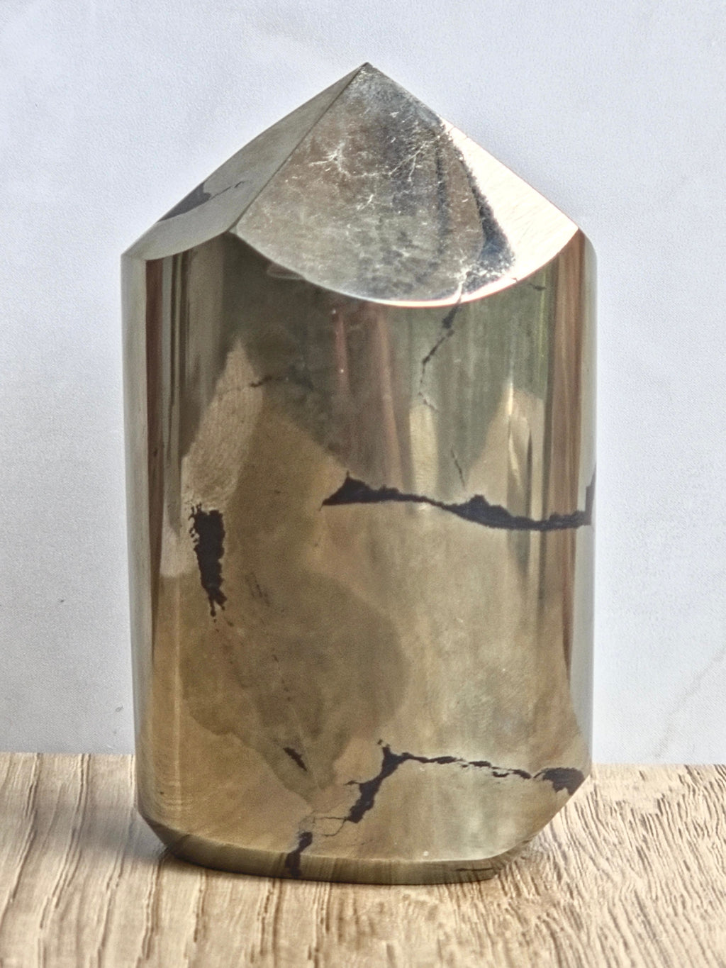 Pyrite Polished Cylinder Tower with Black Tourmaline Inclusion