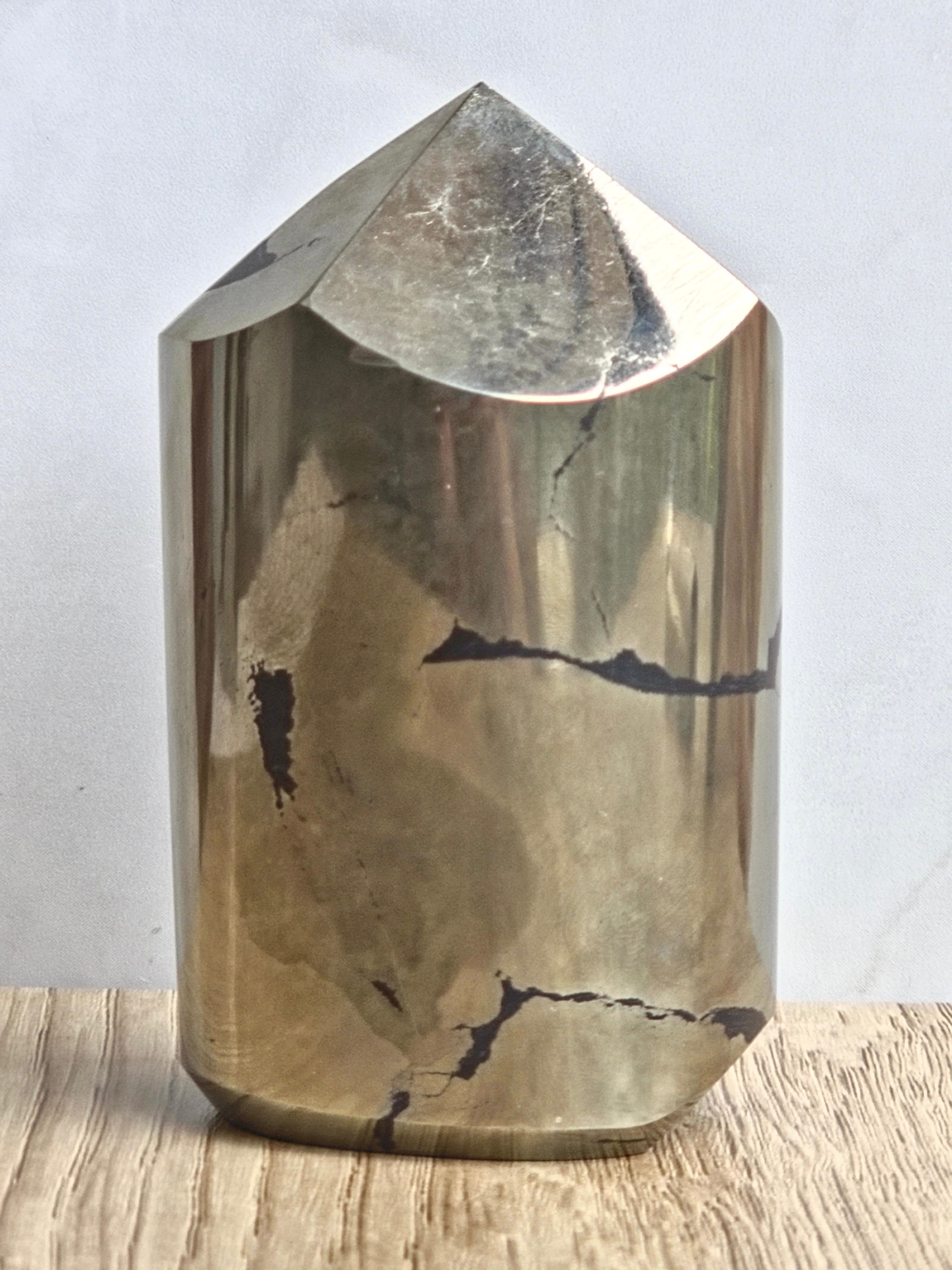 Pyrite Polished Cylinder Tower with Black Tourmaline Inclusion