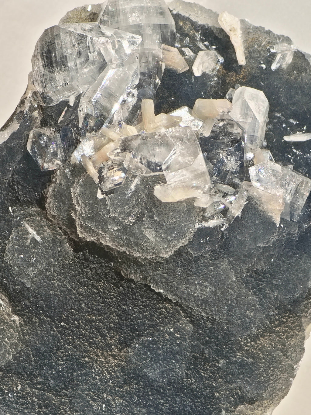 AAA Diamond Apophyllite on Blue Chalcedony with Peach Stilbite