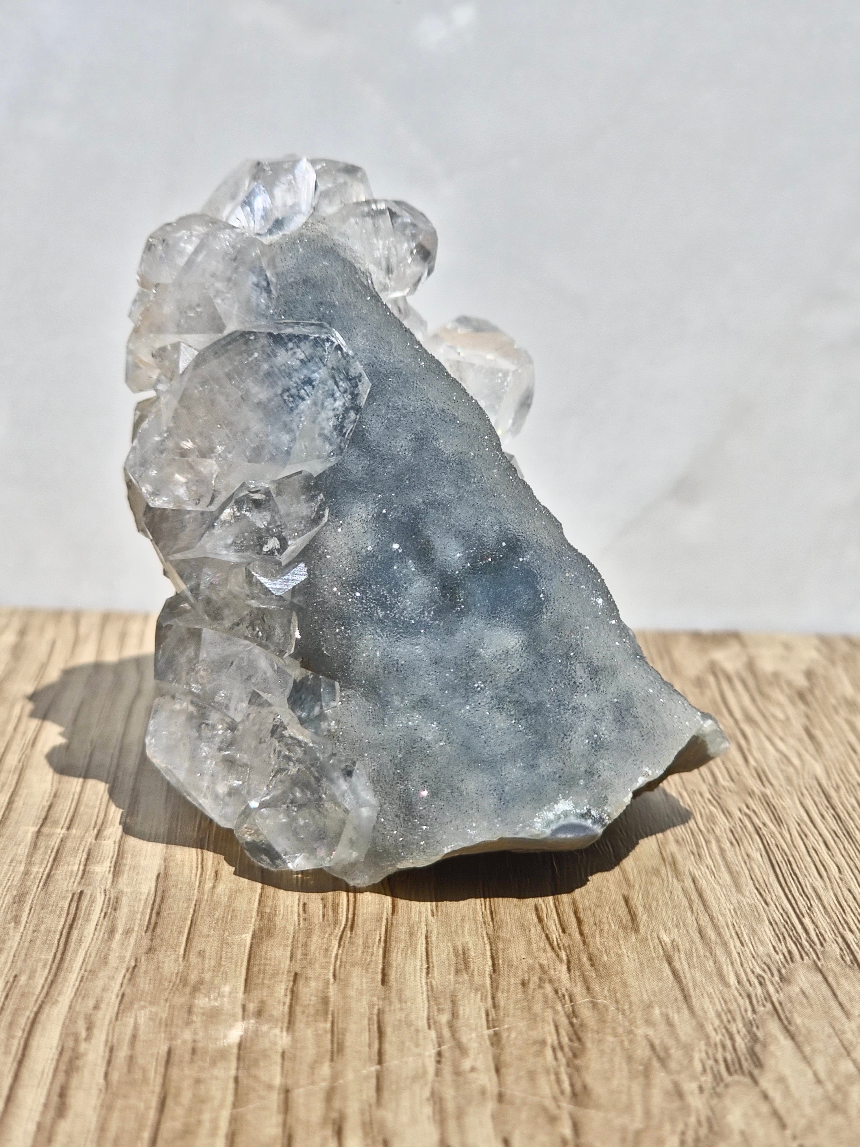 Diamond Apophyllite Cluster on Blue Chalcedony Druzy Matrix