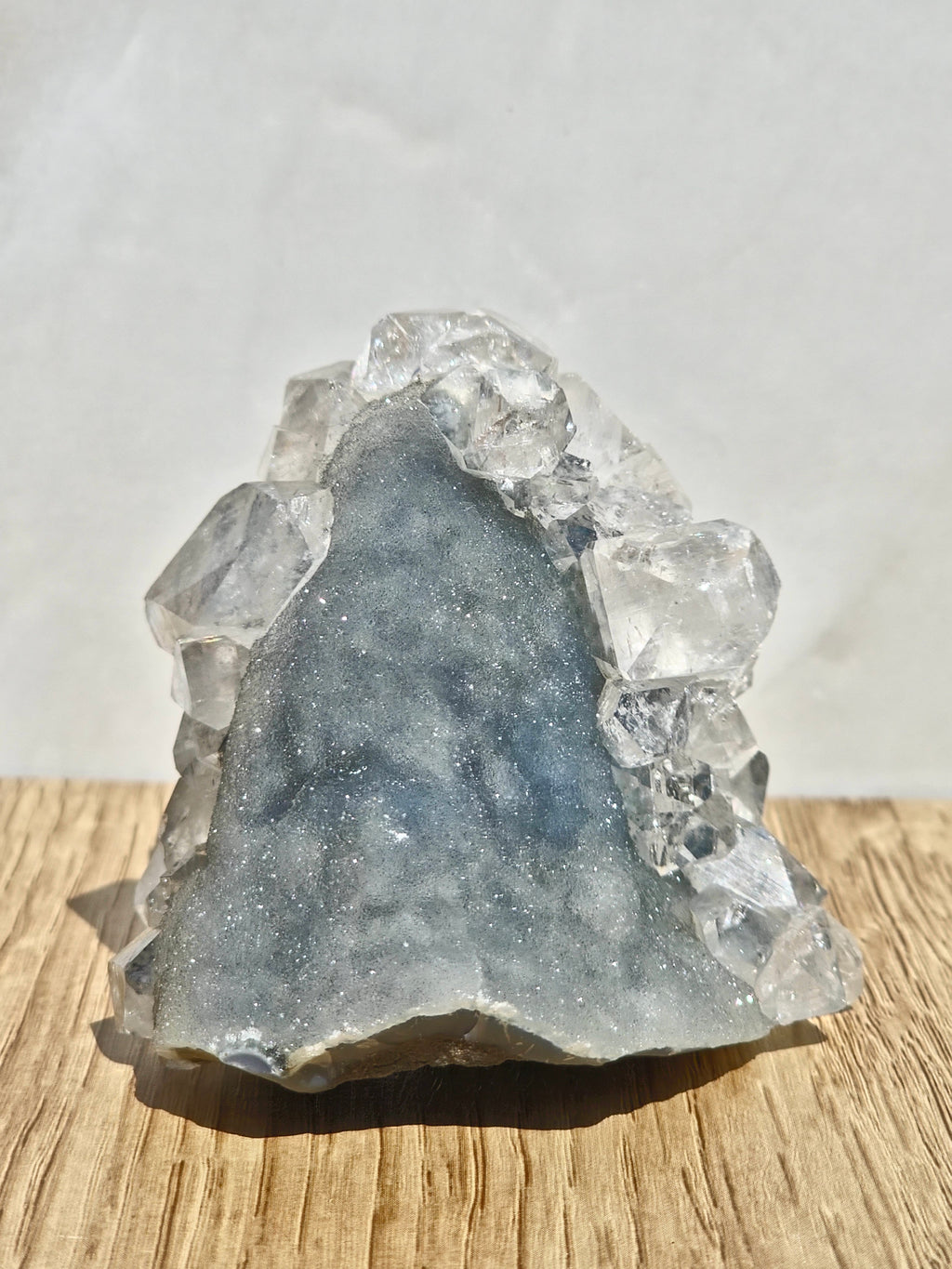 Diamond Apophyllite Cluster on Blue Chalcedony Druzy Matrix