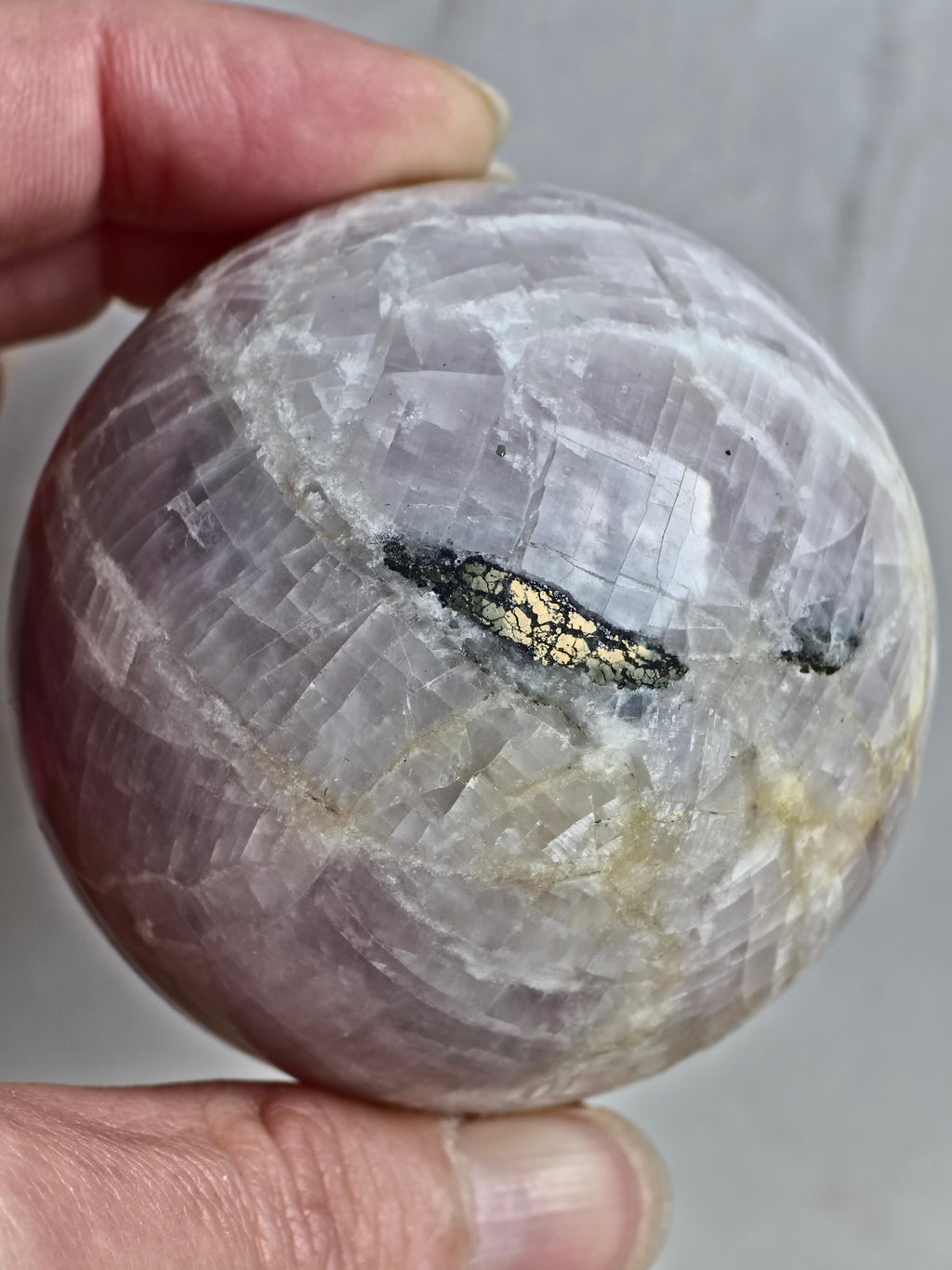 Kunzite Sphere with Pyrite Inclusion