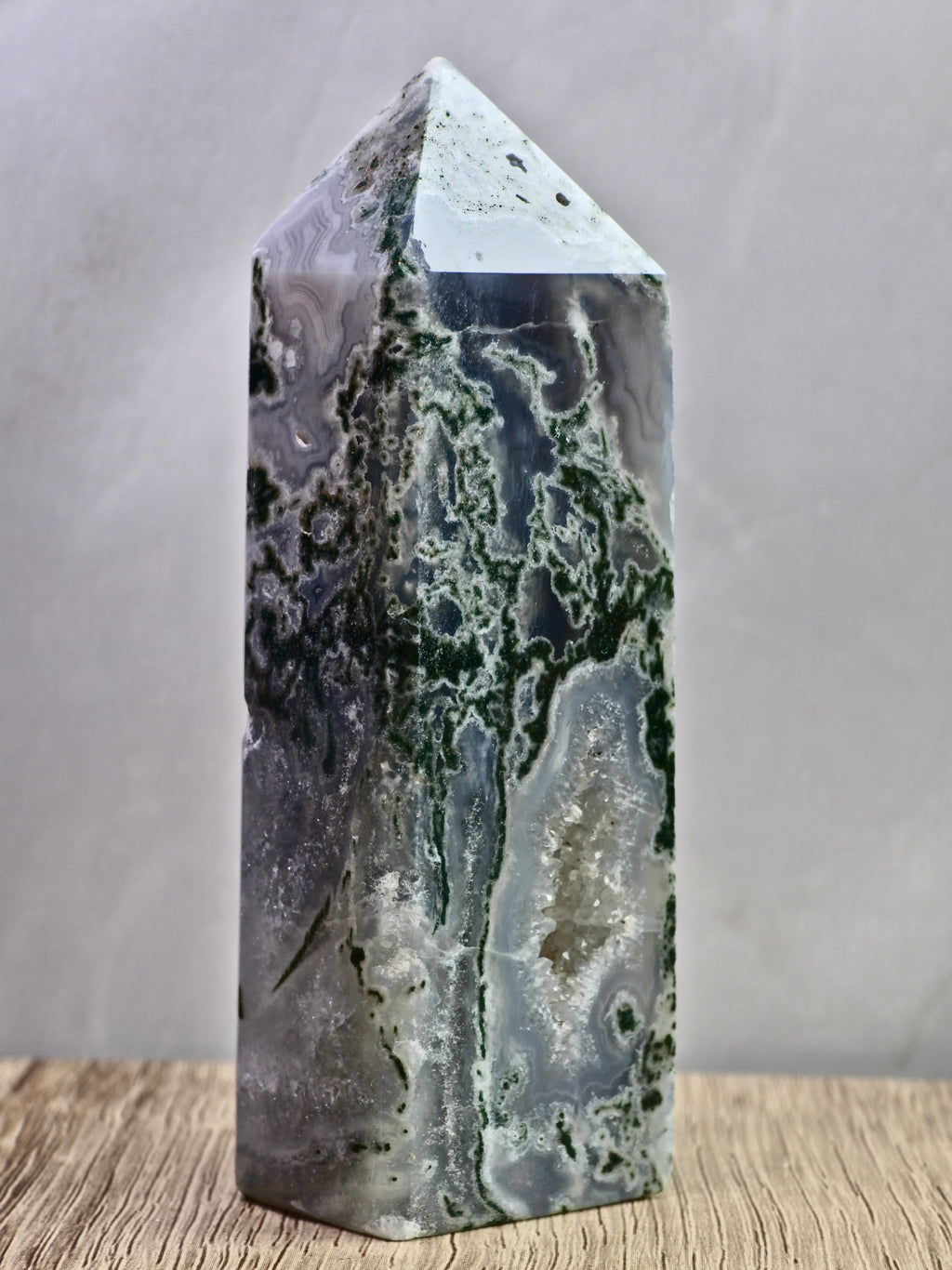 Moss Agate Druzy Tower — Quartz with Natural Inclusions + Open Crystal Pocket