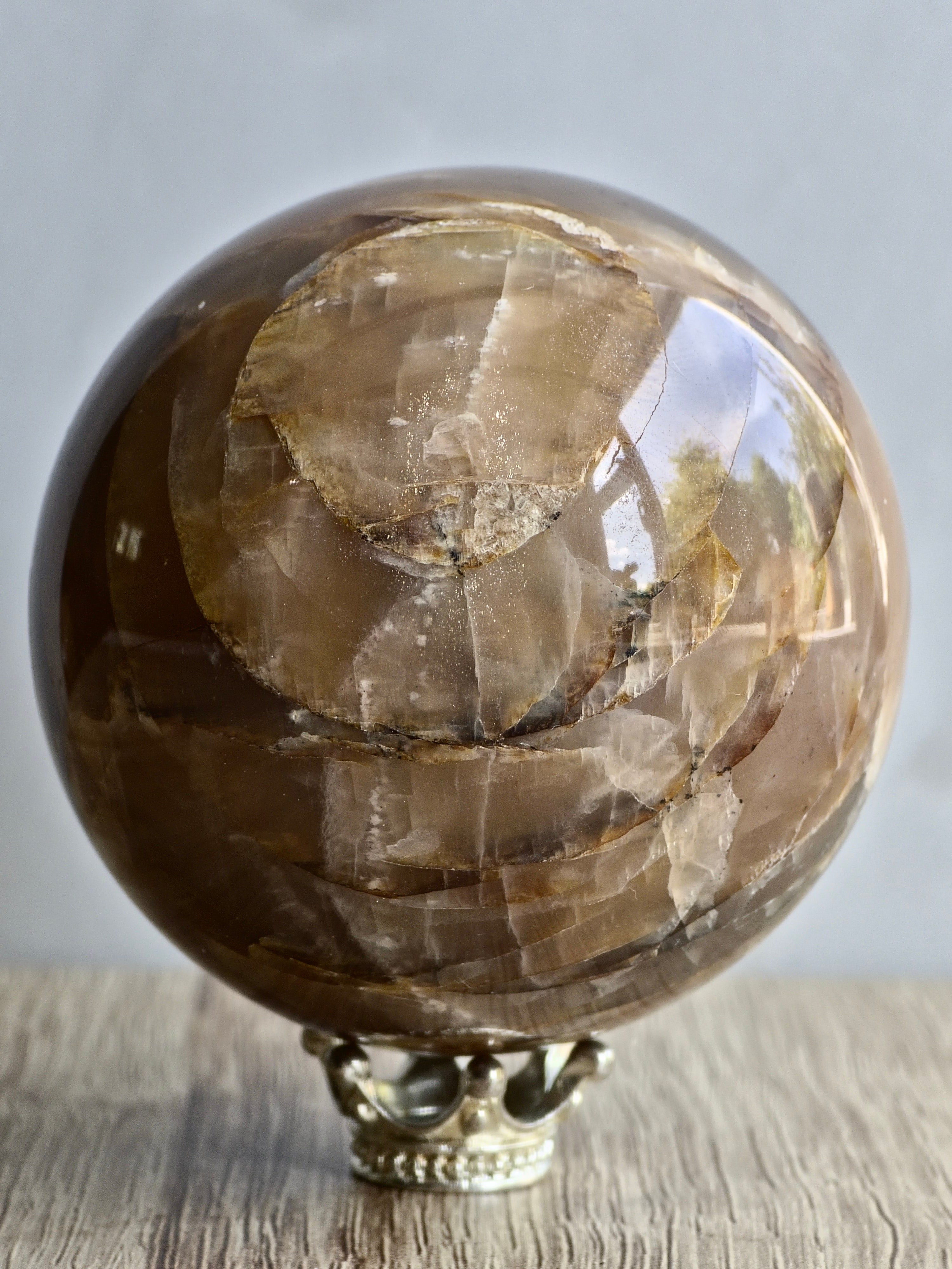 Peach Moonstone Sphere - Layered Feldspar with Internal Sheen + Fracture Patterning