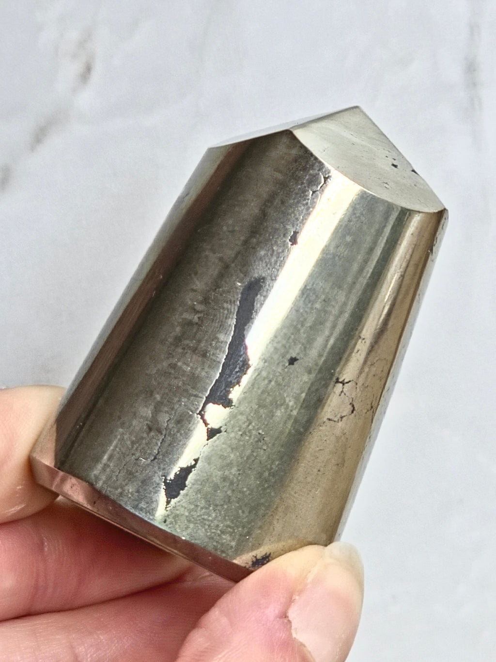 Pyrite Polished Cylinder Tower with Black Tourmaline Inclusion