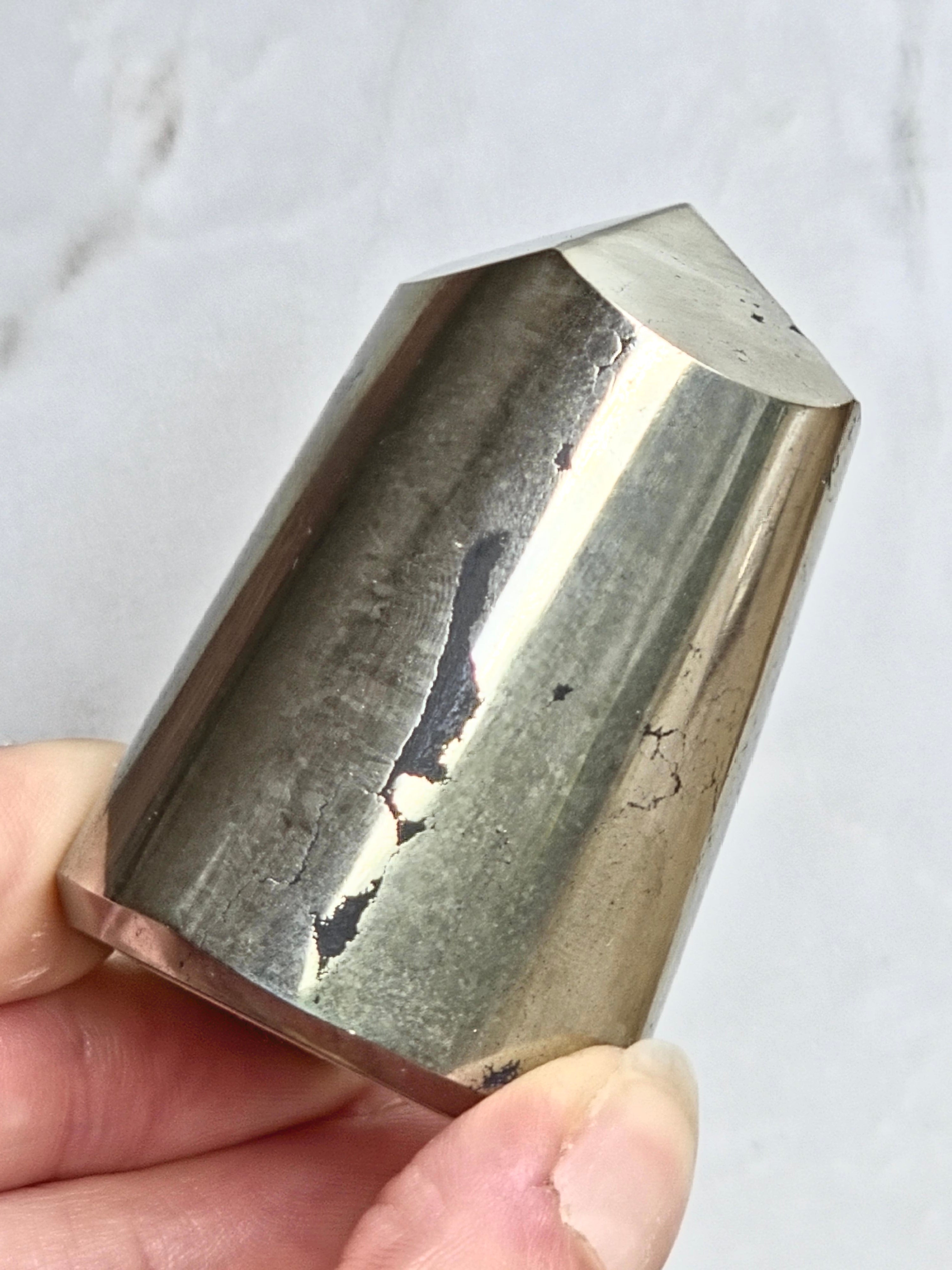 Pyrite Polished Cylinder Tower with Black Tourmaline Inclusion
