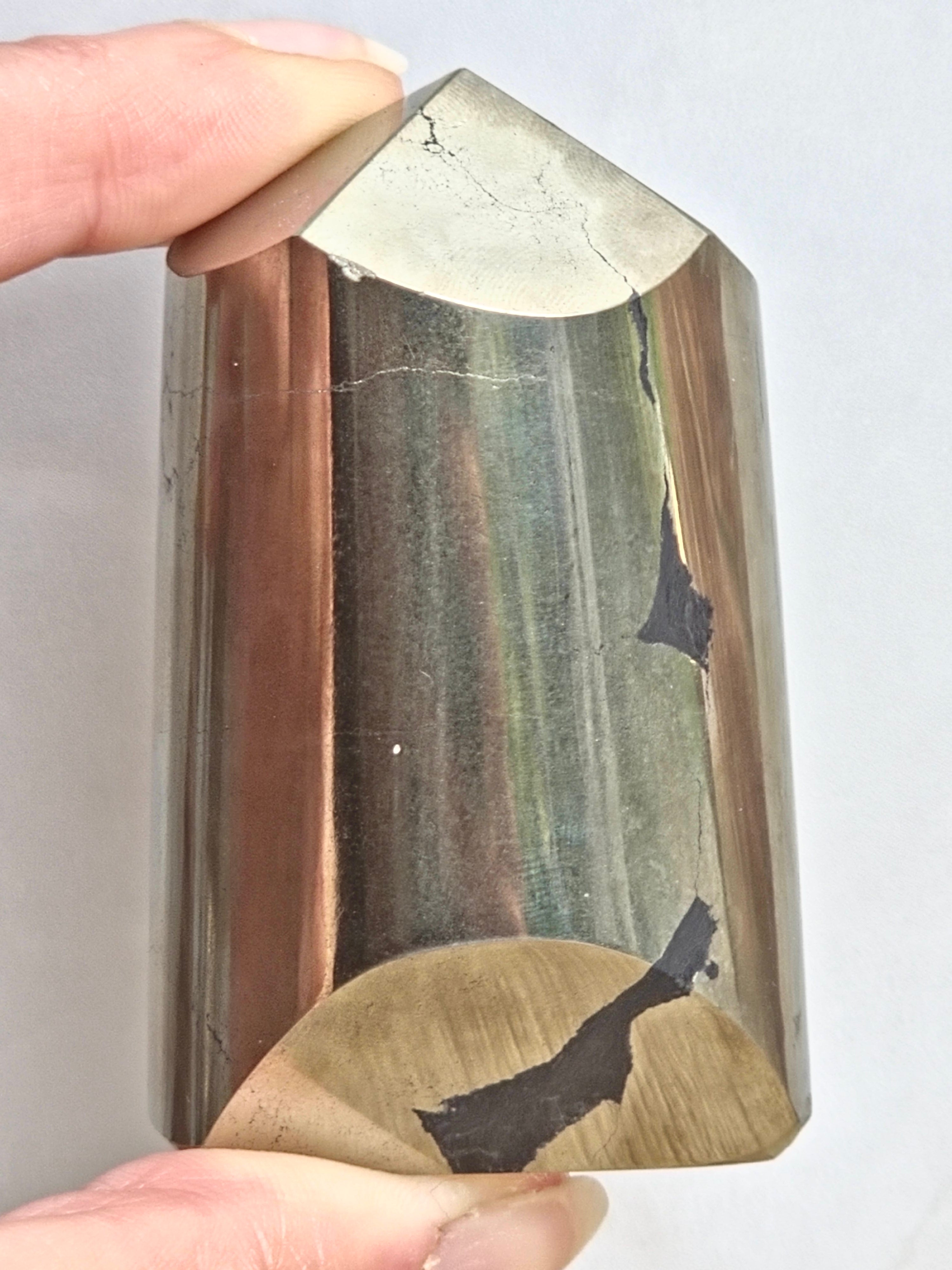 Pyrite Polished Cylinder Tower with Black Tourmaline Inclusion