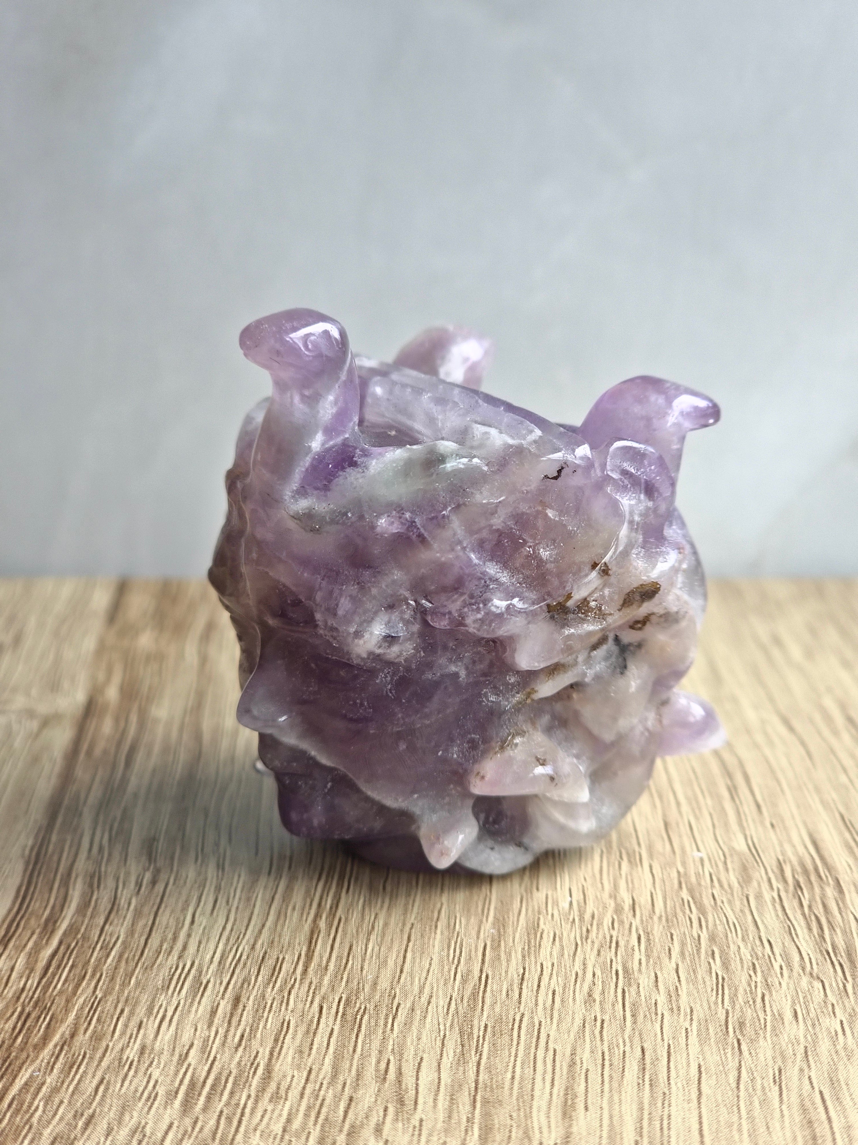 Amethyst Medusa Carving with Chevron Patterning & Natural Inclusions