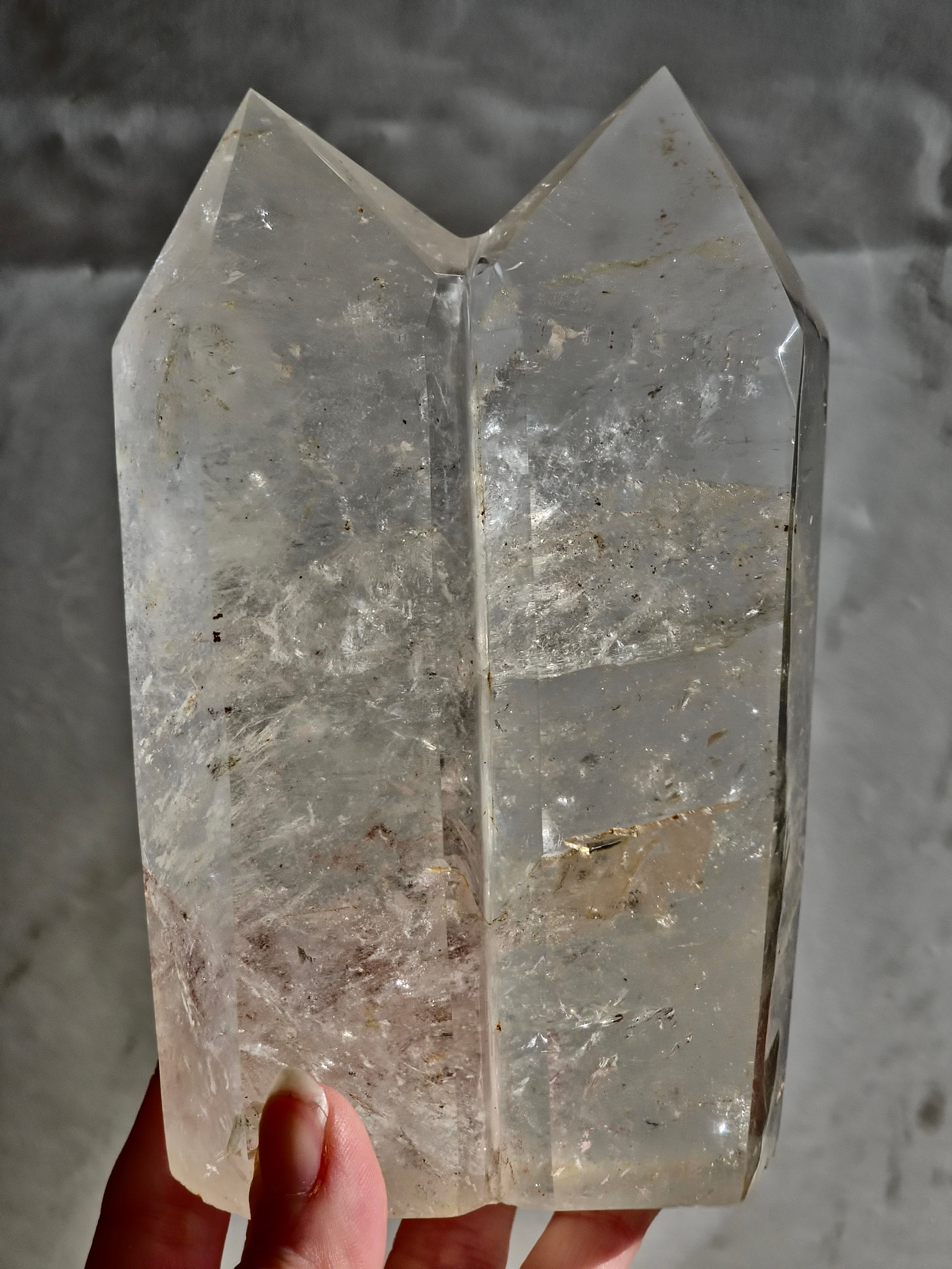 Quartz Twin Tower with Internal Inclusions and Rainbow Refraction.